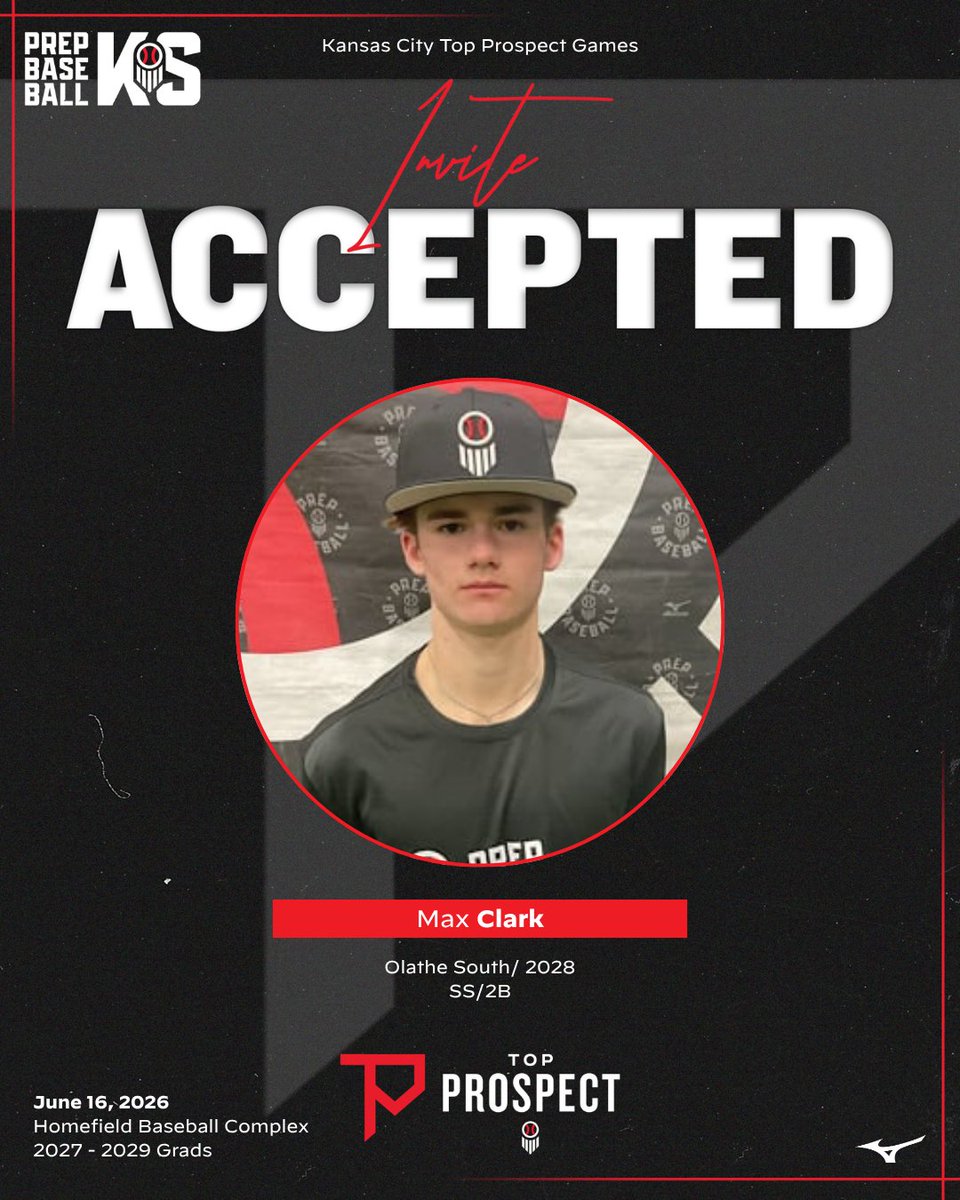 PrepBaseballKS's tweet photo. 𝙆𝙖𝙣𝙨𝙖𝙨 𝘾𝙞𝙩𝙮 𝙏𝙤𝙥 𝙋𝙧𝙤𝙨𝙥𝙚𝙘𝙩 𝙂𝙖𝙢𝙚𝙨: 𝙄𝙣𝙫𝙞𝙩𝙚 𝘼𝙘𝙘𝙚𝙥𝙩𝙚𝙙 ✅

'28 SS/2B Max Clark (Olathe South) is Locked In 🔐 for #KCTPG26

👤: https://t.co/PWIyx5Dymc // @MaxClarkBSB93

Event info 👉 https://t.co/XRZamw5UKT https://t.co/V1lP56Ccny