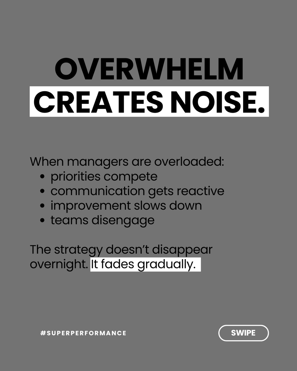 SuperPerformnz's tweet photo. Your strategy may not be failing.
It may just be getting lost in the middle.

Middle managers carry communication, alignment, accountability, morale, priorities, and execution — all at once.

When they’re overwhelmed, strategy turns into confusion.

Equip the middle.
Empower the people translating vision into action.

Everything flows.

#leadership #management #strategy #operations #lean #business
