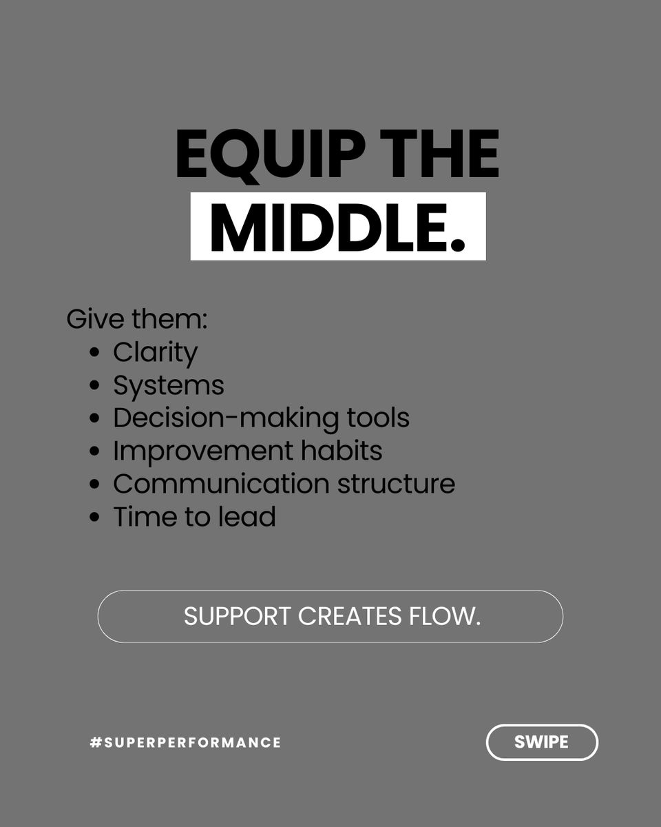 SuperPerformnz's tweet photo. Your strategy may not be failing.
It may just be getting lost in the middle.

Middle managers carry communication, alignment, accountability, morale, priorities, and execution — all at once.

When they’re overwhelmed, strategy turns into confusion.

Equip the middle.
Empower the people translating vision into action.

Everything flows.

#leadership #management #strategy #operations #lean #business