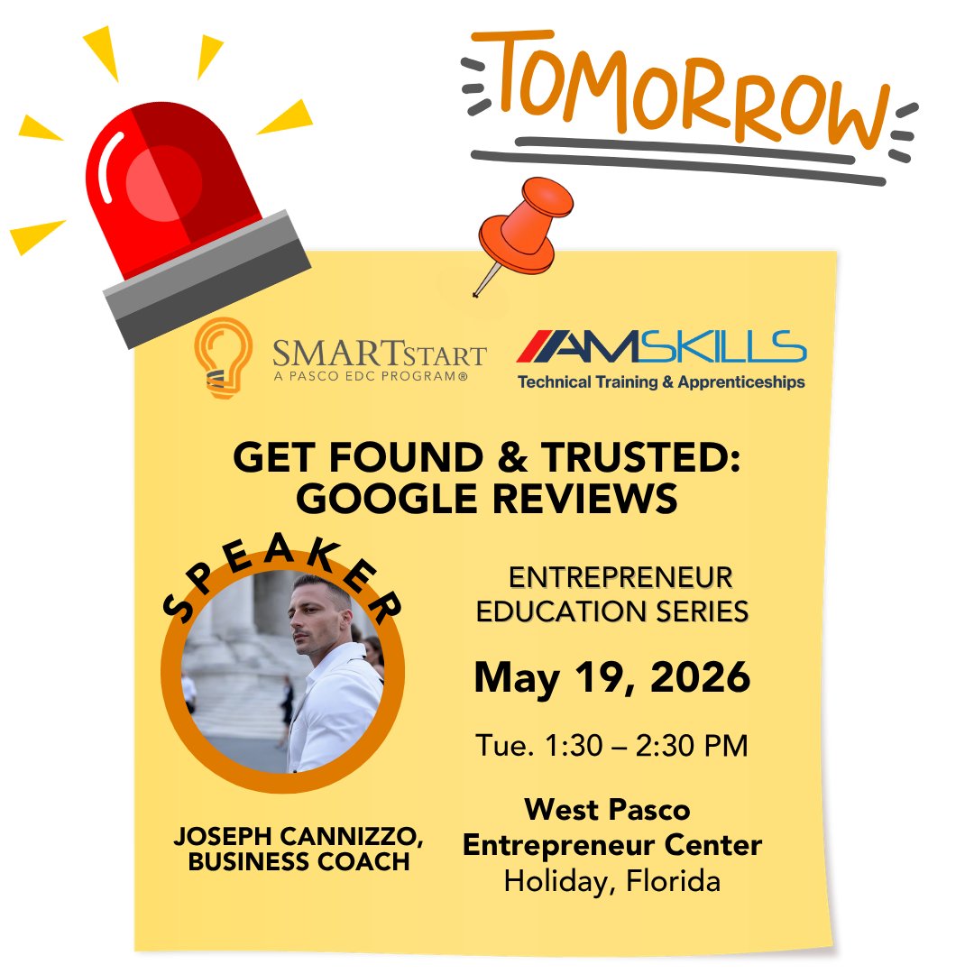 smartstartpasco's tweet photo. FREE CLASS - Tomorrow!

Get Found & Trusted: Google Reviews with Joseph Cannizzo, Business Coach

Learn to leverage Google and customer reviews to boost visibility, build trust, and attract more clients.

See his website here: https://t.co/TRlorwbn1g

If interested, you can sign up for his class here: https://t.co/79tBIhGsgz

#PascoProud #SMARTstartPasco