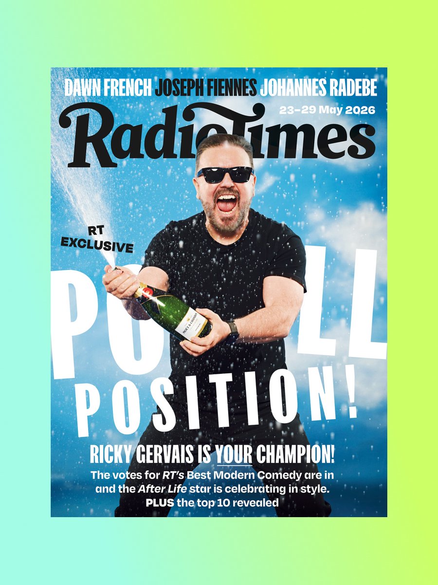 RadioTimes's tweet photo. You've had your say on Britain's best modern comedy – After Life creator and star @rickygervais  reveals why this fan-voted victory means so much, plus we reveal the top 10 comedies from the past 15 years, as voted for by RT readers.

Also inside:

🎭 Johannes Radebe reflects on Strictly success and finding his feet on the West End stage

🎭 Joseph Fiennes brings England football manager Gareth Southgate to life on screen

🎭 Comedian Marcus Brigstocke pays tribute to the genius who supercharged jazz

Ricky Gervais photographed exclusively for Radio Times by Ray Burmiston.