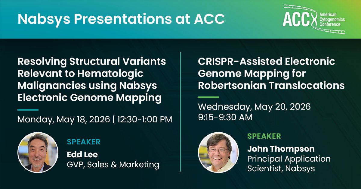 nabsys's tweet photo. Join our presentations at @ACC_Genomics 2026 🎤

🔉 Resolving Structural Variants Relevant to Hematologic Malignancies using Nabsys Electronic Genome Mapping presented by Edd Lee, Global Vice President, Sales and Marketing at Nabsys
📅 Monday, May 18, 2026
⏰ 12:30–1:00 PM PST

🔉 CRISPR-Assisted Electronic Genome Mapping for Robertsonian Translocations presented by John F. Thompson, Principal Application Scientist at Nabsys
📅 Wednesday, May 20, 2026 
⏰ 9:15-9:30 AM PST

#EGM #ACC2026 #Cytogenomics