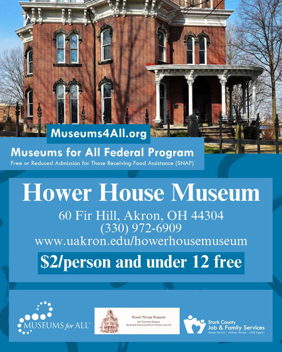 StarkCountyJFS's tweet photo. Through the Museums for All national program, those receiving food assistance (SNAP) can gain free or reduced admission to more than 1,200 museums throughout the United States by presenting their SNAP EBT card. Today, we spotlight one of our local museums: #HowerHouseMuseum https://t.co/9LbqHscw7g
