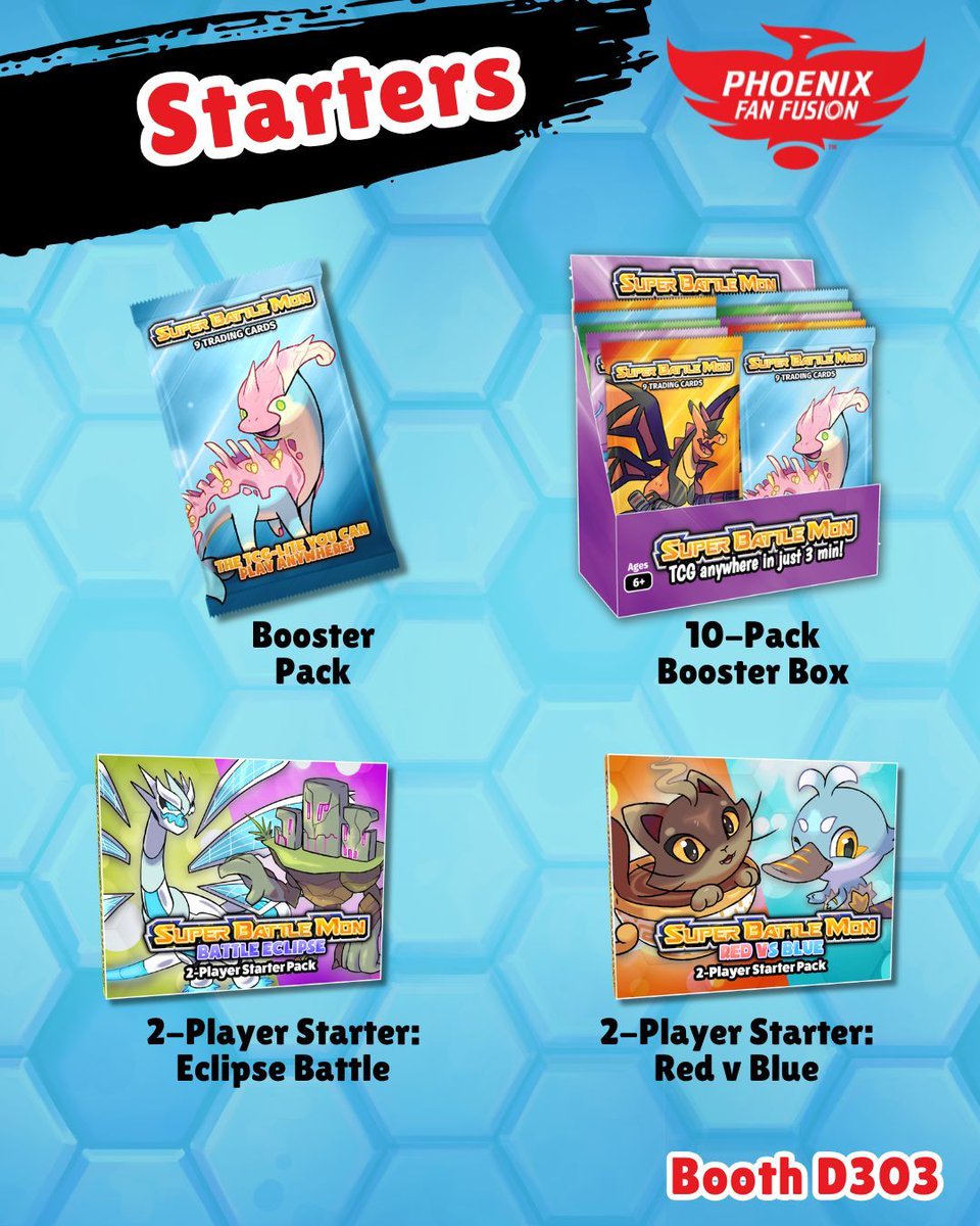 ScienceQuinn's tweet photo. Who's excited for Phoenix Fan Fusion? Stop by booth D303 or our 4 tables in Game Tabletopia to get all your Super Battle Mon items! 

=================
Big battles, tiny decks, zero barriers.

Super Battle Mon is an ultra fast TCG that you can play anywhere in just 3 minutes https://t.co/bFMBcovRfX