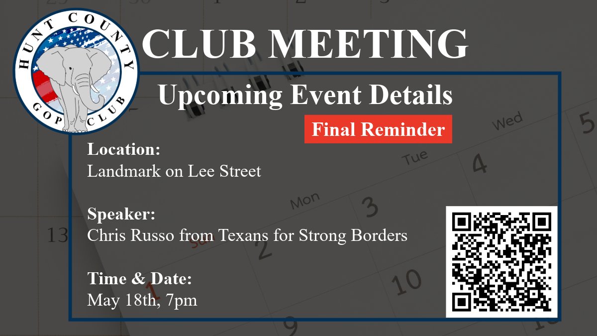 HCGOPClub's tweet photo. 🚨 This is a final reminder for our meeting tonight 🚨

Make sure to bring a friend! https://t.co/Ta2puj6wei