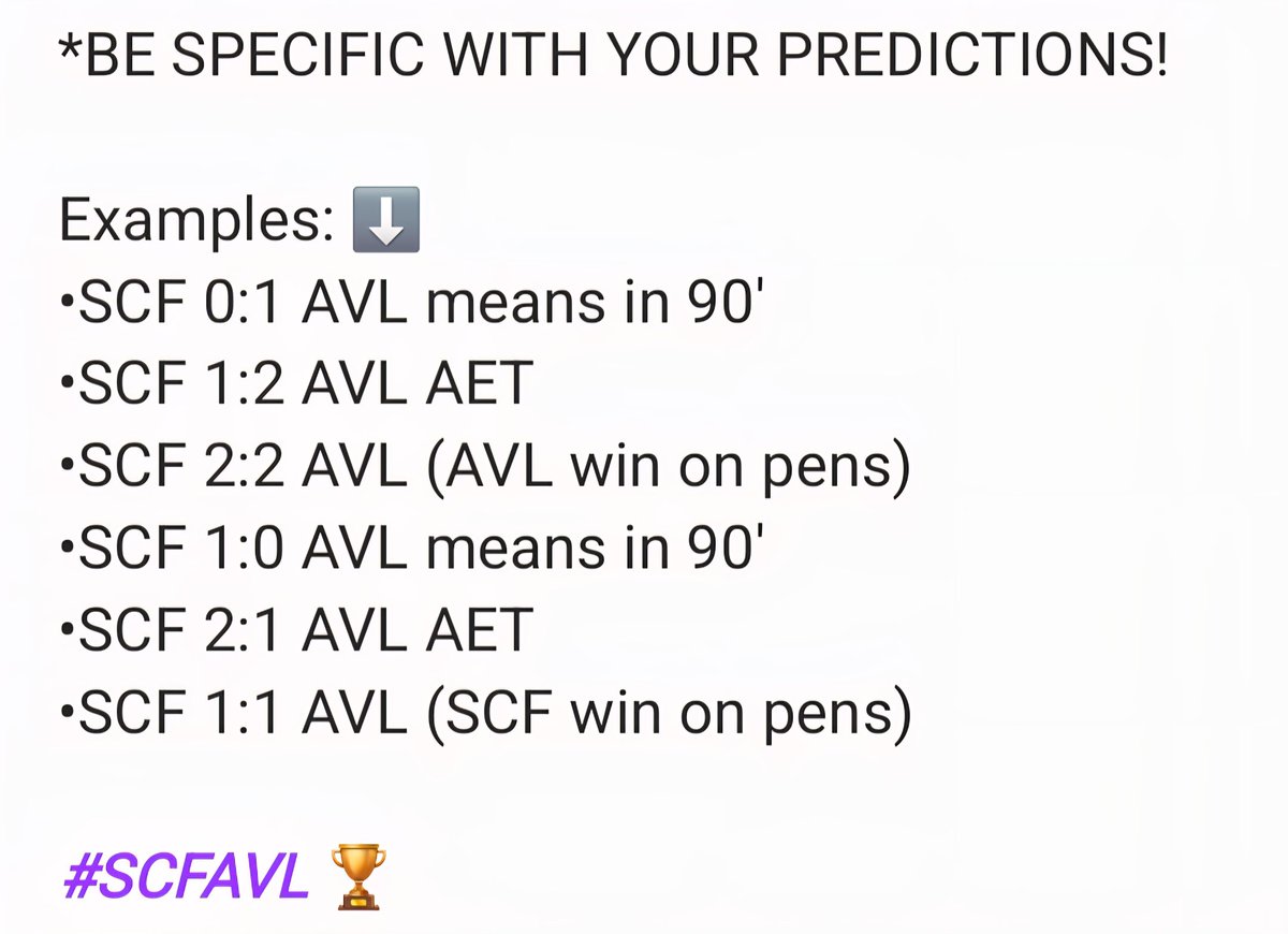 dantrum17's tweet photo. *PLEASE BE SPECIFIC WITH YOUR PREDICTIONS (SEE ATTACHED NOTE!)
■ UEL Final Predictions: 🤔...
【SCF-AVL】🏆
⬇️
▪︎Correct score: 6 pts.
▪︎Correct result (but not score): 3 pts.
#SCFAVL 🏆 | #UELFinal | #VPL | #PrayForVilla https://t.co/4iidwL4Mwj
