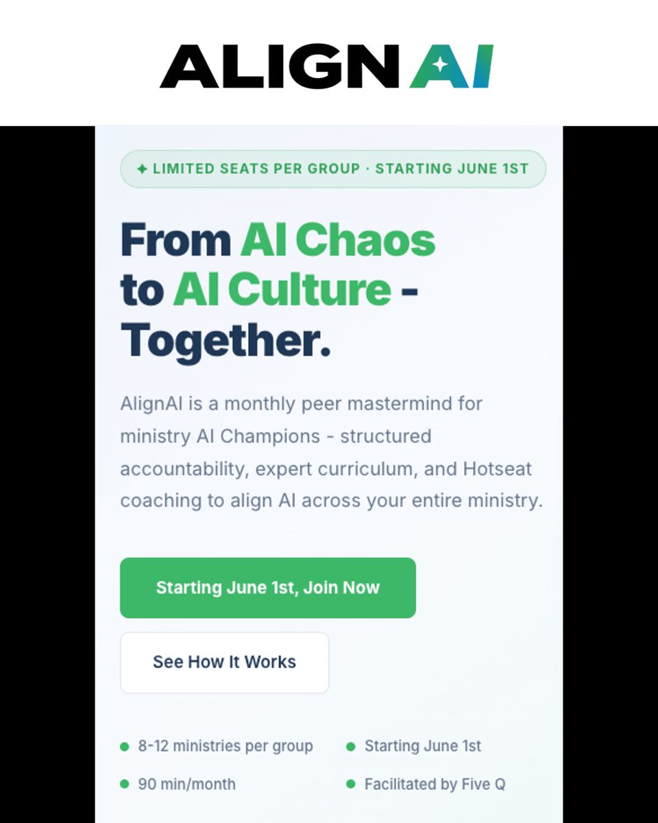 FiveQ's tweet photo. AlignAI is a monthly peer mastermind for ministry AI Champions — 8–12 curated ministries, 90 min/month, hotseat coaching, and ministry-specific curriculum.

From AI chaos to AI culture. Together.
Starting June 1st · $250/month

👉 https://t.co/LzChrZEUbQ https://t.co/YzVG8sVTE3