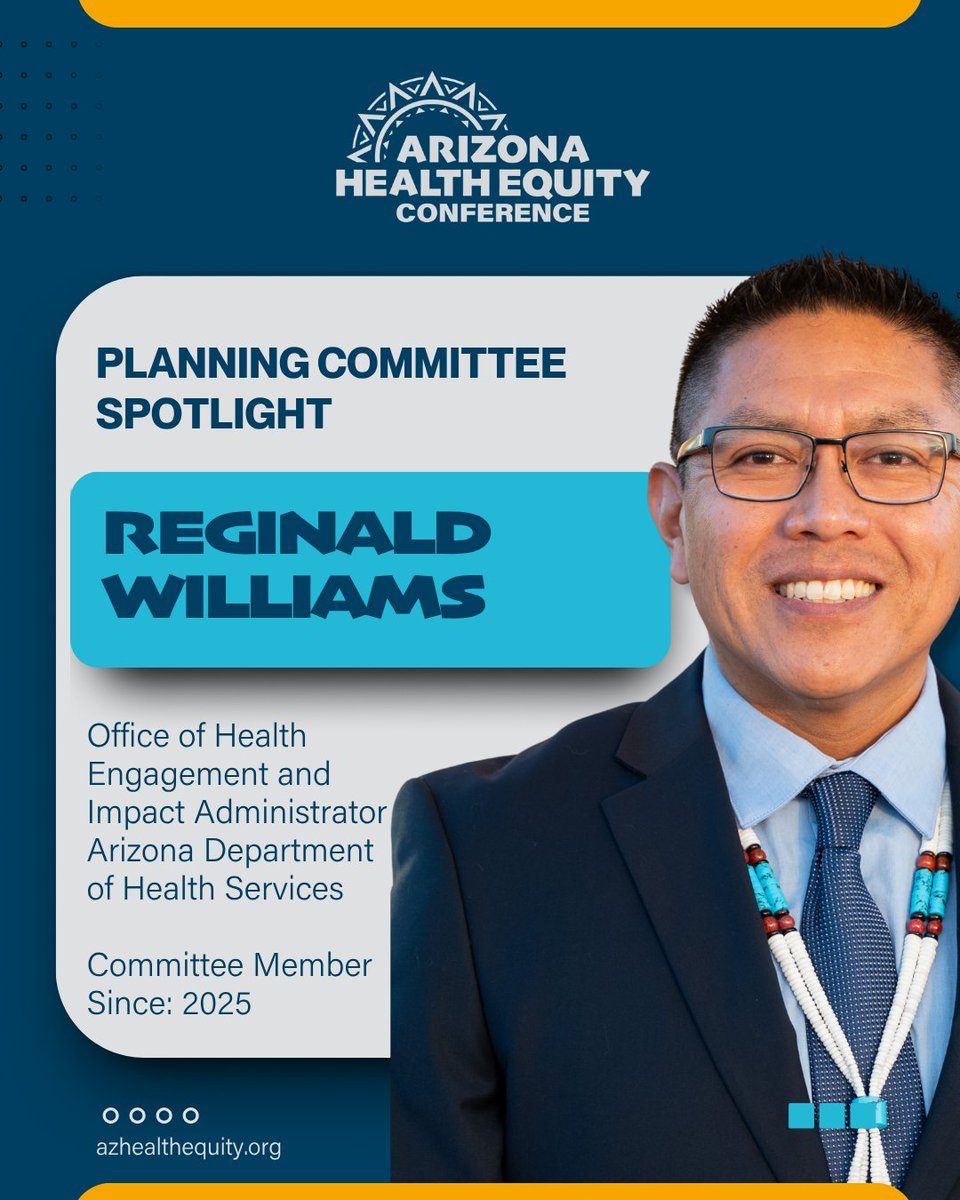 AZHealthEquity's tweet photo. Committee Member Spotlight: Reggie Williams, Administrator of the Office of Health Engagement &amp; Impact. With 18+ years in public health, his work spans tobacco prevention, injury prevention, and community health. Proud Pueblo of Laguna member. His voice will help shape #AzHEC26 https://t.co/rRxb3CsISw