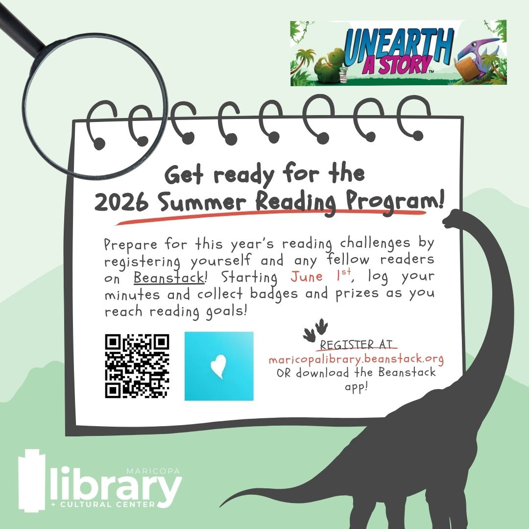 maricopalibrary's tweet photo. 🦕 Registration for the 2026 #SummerReadingProgram opens TODAY!

"Unearth a Story" with the Maricopa Library &amp; Cultural Center! Register today and begin logging reading minutes starting June 1st for prizes! 

Visit https://t.co/evWnHZIZDN or download the Beanstack app! ☀️ https://t.co/8XEWW8yU00