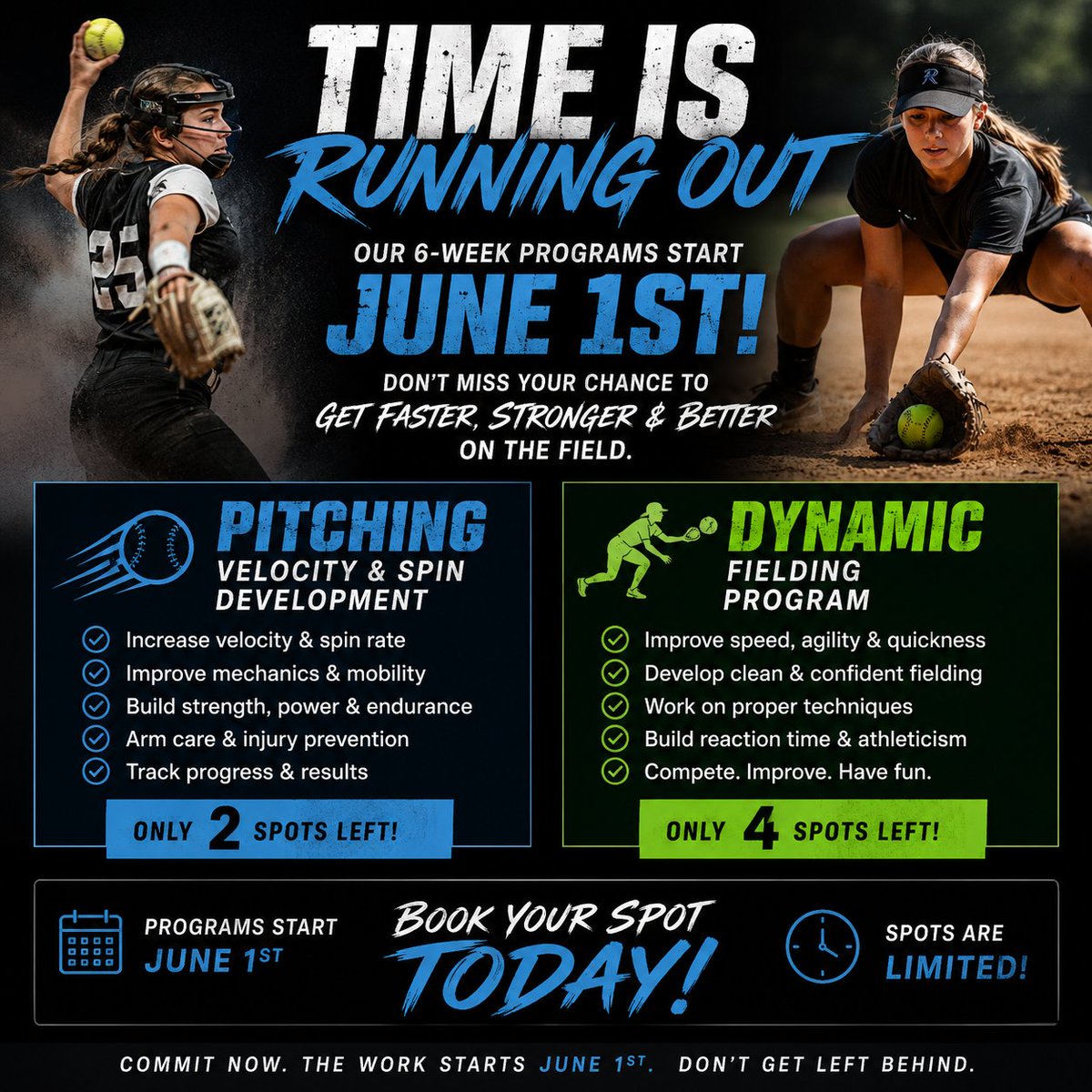 mechanix2020's tweet photo. 🚨 LAST CHANCE TO REGISTER 🚨

June 1st programs are almost FULL!

🔥 2 spots left — Pitching Velocity &amp; Spin
🔥 4 spots left — Dynamic Fielding

Build faster, stronger, more confident athletes this summer.

Book now:
https://t.co/ae7EvqhdeK https://t.co/Q3F1KtWVkk