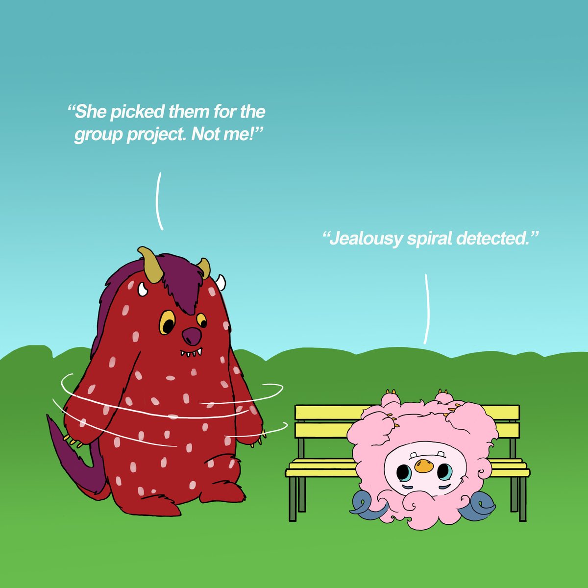 cuddlemonsterco's tweet photo. The truest kind of love is sitting next to someone while they spiral. 🥺 Love protects people from the lie that their big feelings make them "bad." Lala doesn't try to fix Vex  or tell him to get over it, she just holds the space.✨ #cuddlemonstercorp https://t.co/gcynBYL5el