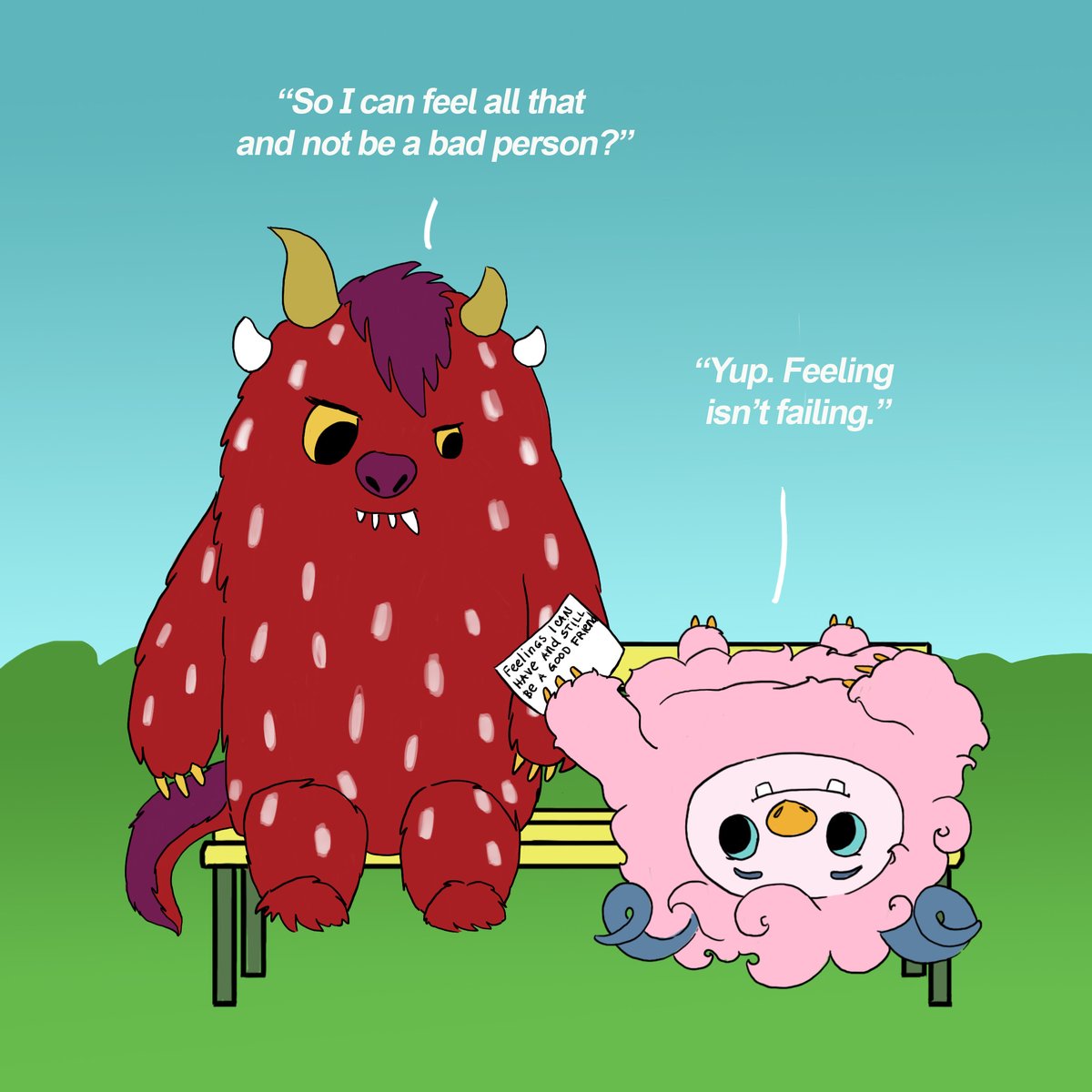 cuddlemonsterco's tweet photo. The truest kind of love is sitting next to someone while they spiral. 🥺 Love protects people from the lie that their big feelings make them "bad." Lala doesn't try to fix Vex  or tell him to get over it, she just holds the space.✨ #cuddlemonstercorp https://t.co/gcynBYL5el