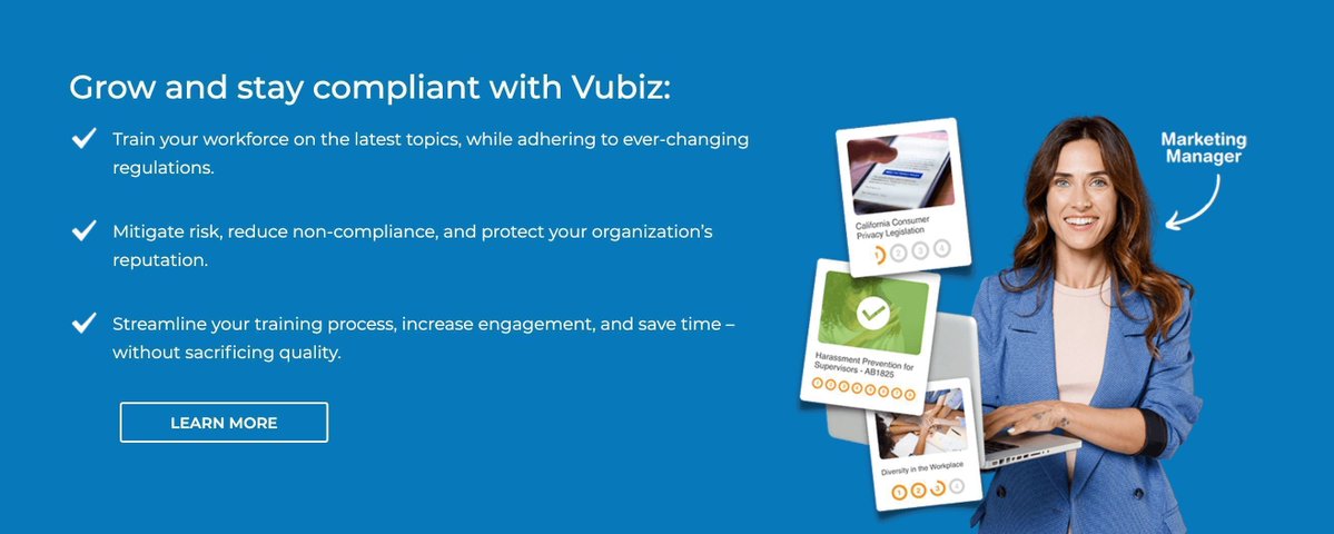 Vubiz's tweet photo. Would you like a demo to discover how you can streamline your onlinetraining process, increase #eLearning engagement, and save time – without sacrificing quality? Click the link to find out more! https://t.co/WM5ljRxCVq https://t.co/X9lgyGDcGt
