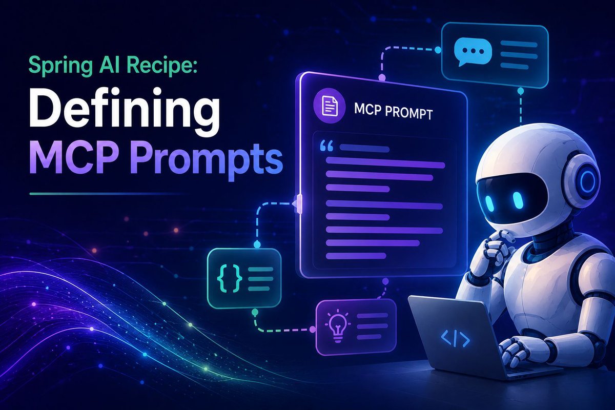 habuma's tweet photo. In this Spring AI Recipe, learn how to define reusable MCP prompts that deliver consistent, high-quality LLM interactions across clients with Spring AI.

https://t.co/6pyPZt8EtT

#SpringAI #AI #GenAI #MCP https://t.co/iixpqeZjbE