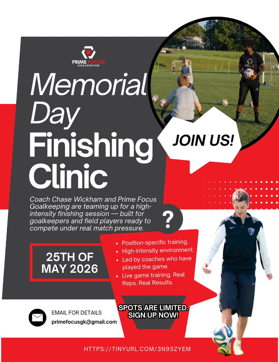 PrimeFocusGK's tweet photo. We are officially one week away from our Memorial Day Finishing Clinic at the Matthews Sportsplex! There are still a few spots available but don't waste time because registration ends soon. Join us for a morning of hard work, development, &amp; plenty of fun.

https://t.co/b29UpXSLAN https://t.co/GHz3obezeA
