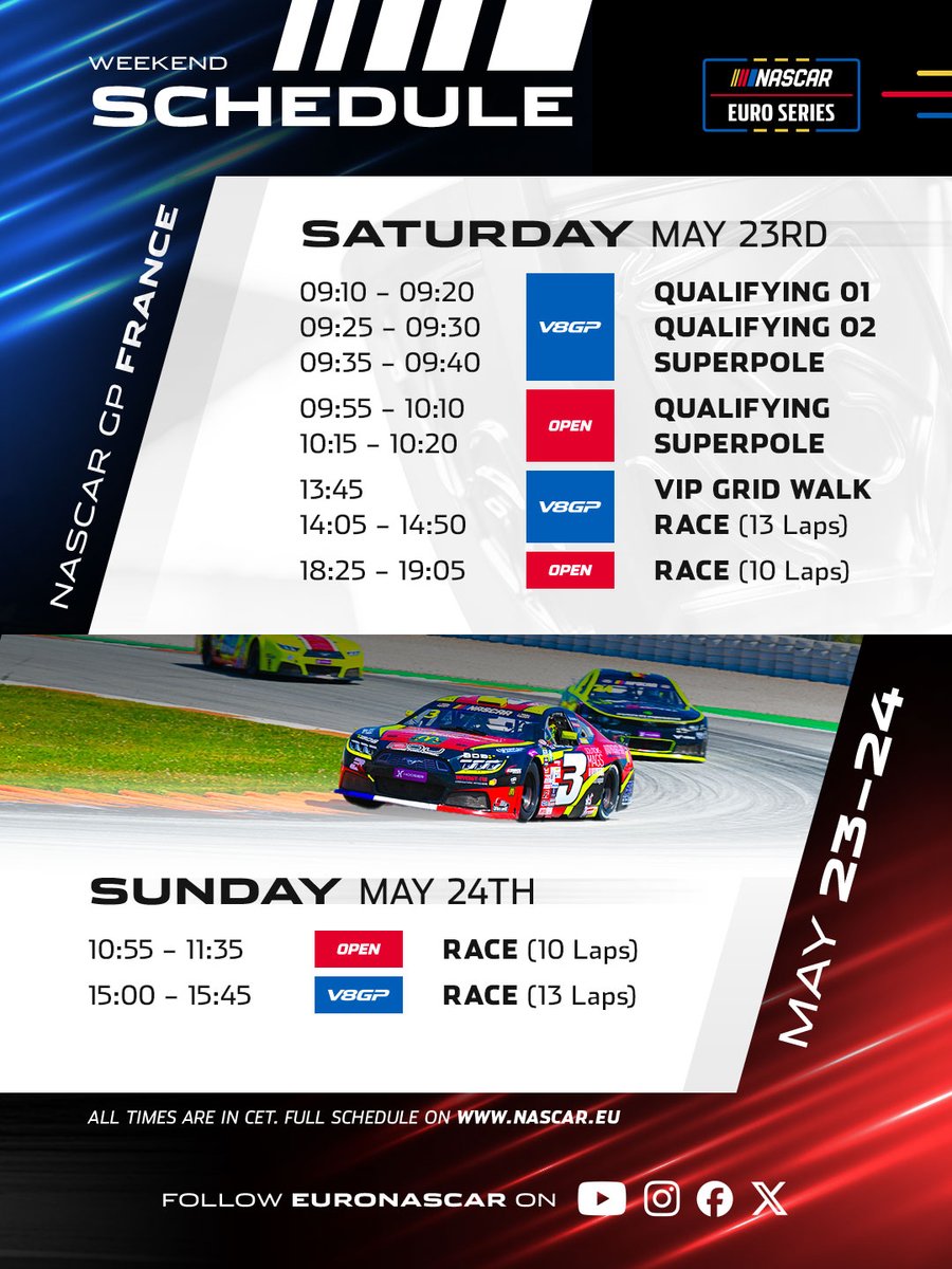 EuroNASCAR's tweet photo. We are for the first time at Circuit Paul Ricard with the @NASCAR Euro Series 🇫🇷 The championship heads to Le Castellet on May 23-24 🏁 A new challenge on a legendary circuit 🎯
Swipe through the slides for the full weekend schedule and streaming times 📺
👨🎨 @dpflug_ https://t.co/90SWCZB1BQ