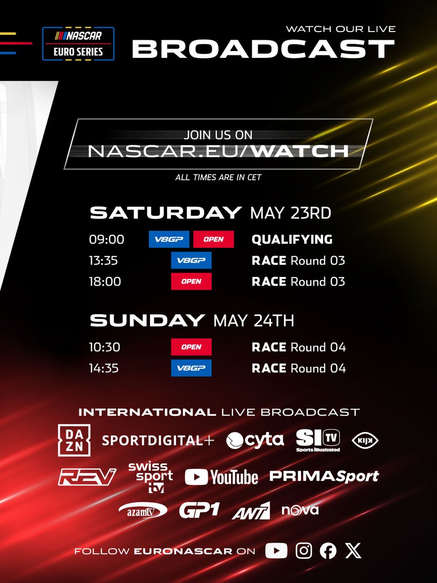 EuroNASCAR's tweet photo. We are for the first time at Circuit Paul Ricard with the @NASCAR Euro Series 🇫🇷 The championship heads to Le Castellet on May 23-24 🏁 A new challenge on a legendary circuit 🎯
Swipe through the slides for the full weekend schedule and streaming times 📺
👨🎨 @dpflug_ https://t.co/90SWCZB1BQ