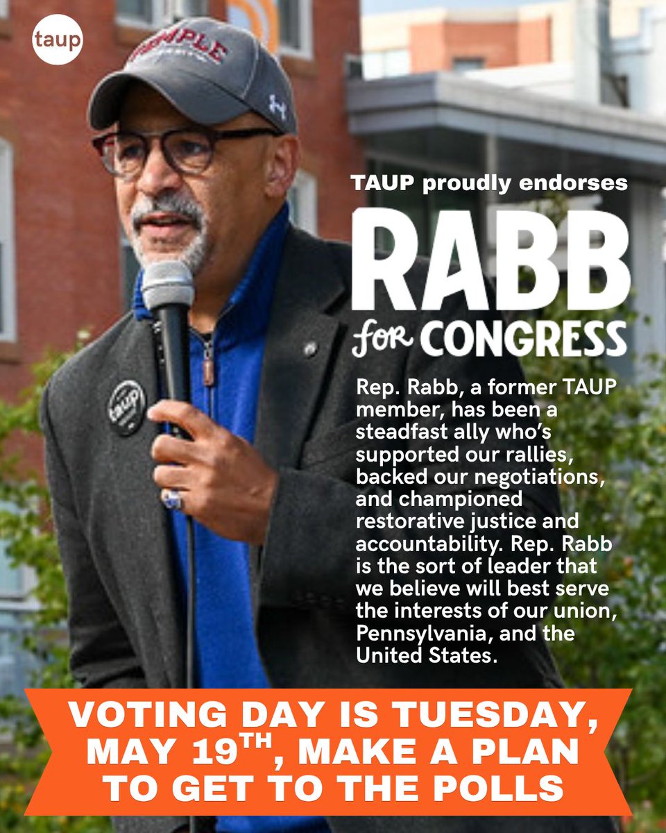 TAUP's tweet photo. Make a plan to get to the polls tomorrow to vote in the Democratic Primary Election tomorrow, May 19th. 

Our members have voted to endorse @chrisrabb @rabb4thepeople
for Congress, a former TAUP member and steadfast ally for workers' rights https://t.co/xBZCIWo085