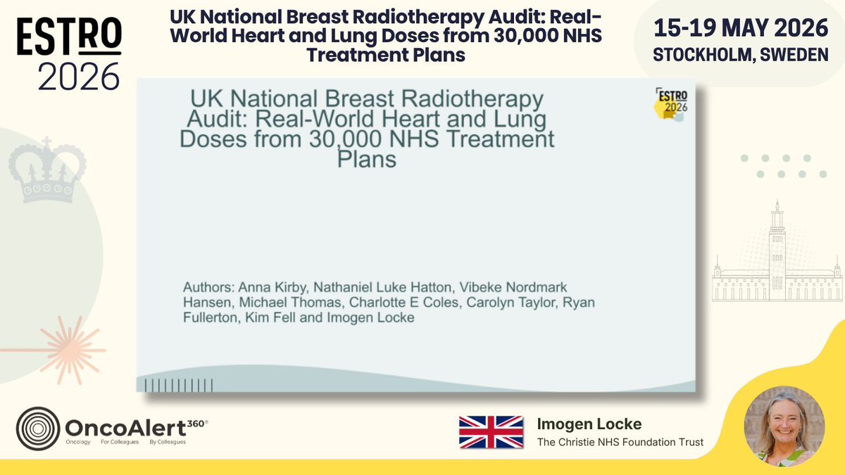 OncoAlert's tweet photo. Day FOUR of #ESTRO26 Coverage by OncoAlert 🚨 
UK National Breast Radiotherapy Audit: Real-World Heart and Lung Doses from 30,000 NHS Treatment Plans Presented by Imogen Locke 🇬🇧 
#RadOnc ☢️ #BreastCancer

UK National Breast Radiotherapy Audit: Real-World Heart and Lung Doses from 30,000 National Health Service Radiotherapy Treatment Plans has been published. NHS England Supported a nationally co-ordinated quality improvement programme using ProKnow. 48 out of 49 centres in England contributed to the Audit and it demonstrates the feasibility of high-quality large scale real world dosimetric data collection and evaluation across the NHS. Heart and lung doses are low and comparable to international benchmarks. Dosimetric variation exists between centres, particularly in VMAT planning, identifying opportunities for improvement and further audits are underway 

@CUH_NHS 
@ESTRO_RT
@yasemin09896924
@LindaMrissa
@christian_roenn
@Valeriadionisi
@gerryhanna
@clchiang_hk
@mtugceyilmaz
@B_Tomasik
@gmpetrianni
@CiroFranzese1
@Atem84
@piet_ost
@brachyexpert
@BlanceS90
@The_PT_Explorer
@BarbaraJereczek
@Mat_Guc
@ZilliThomas
@AnnaKirby17
@PBlanchardMD
@achoud72

Pinging OA faculty
@MKnoll_MD
@_ShankarSiva
@Icro_Meattini
@seanmmcbride
@NiuSanford
@nataliagandur
@acampsmalea
@to_be_elizabeth