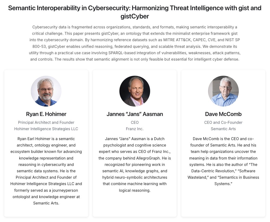 Franzinc's tweet photo. Dr. Aasman will be speaking at STIDS 2026 -Semantic Tech for Intelligence, Defense, and Security conference. "Semantic Interoperability in Cybersecurity: Harmonizing Threat Intelligence with gist and gistCyber" #STIDS2026 #KnowledgeGraphs #NeuroSymbolicAI https://t.co/6hJoWNKinW https://t.co/gaStpDrfJ5