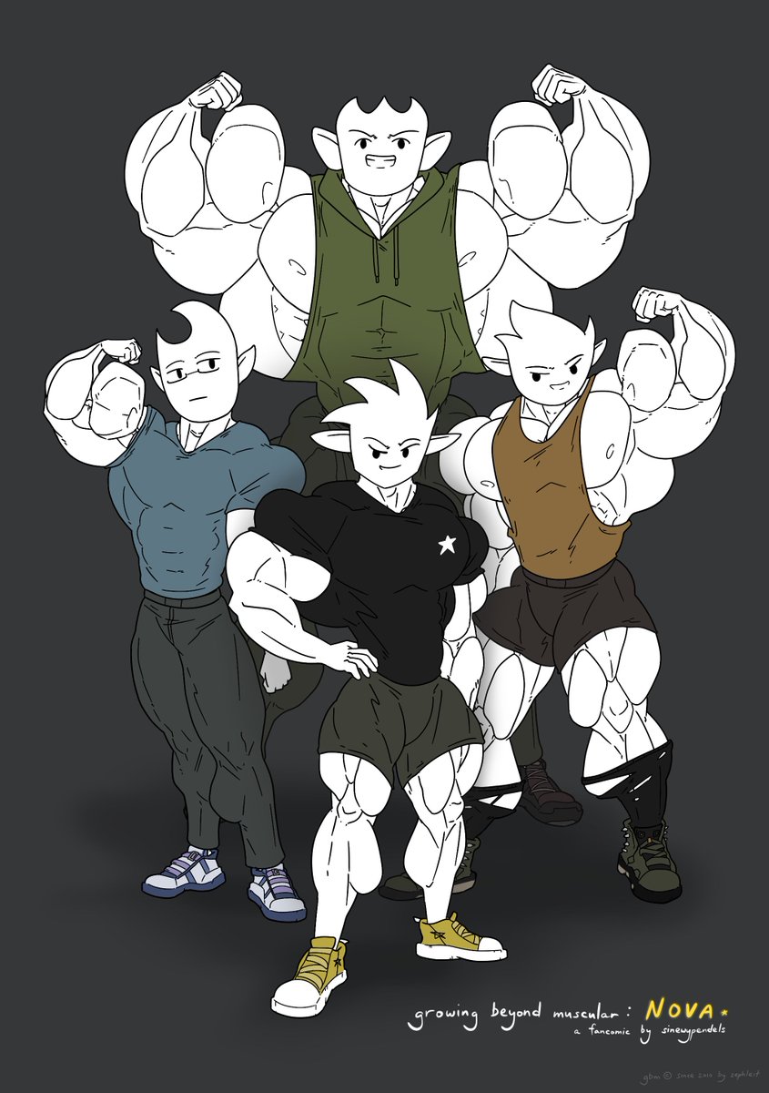 SinewyPendels's tweet photo. In celebration of the 16th Anniversary of @iamZephleit's Growing Beyond Muscular (GBM) comics, I'm working on a fancomic inspired by his wonderful hyper-muscle-induced works.

This is GBM: Nova. And here's the main cast! You'll be seeing a lot of them real soon ;) https://t.co/onMszzjTxn
