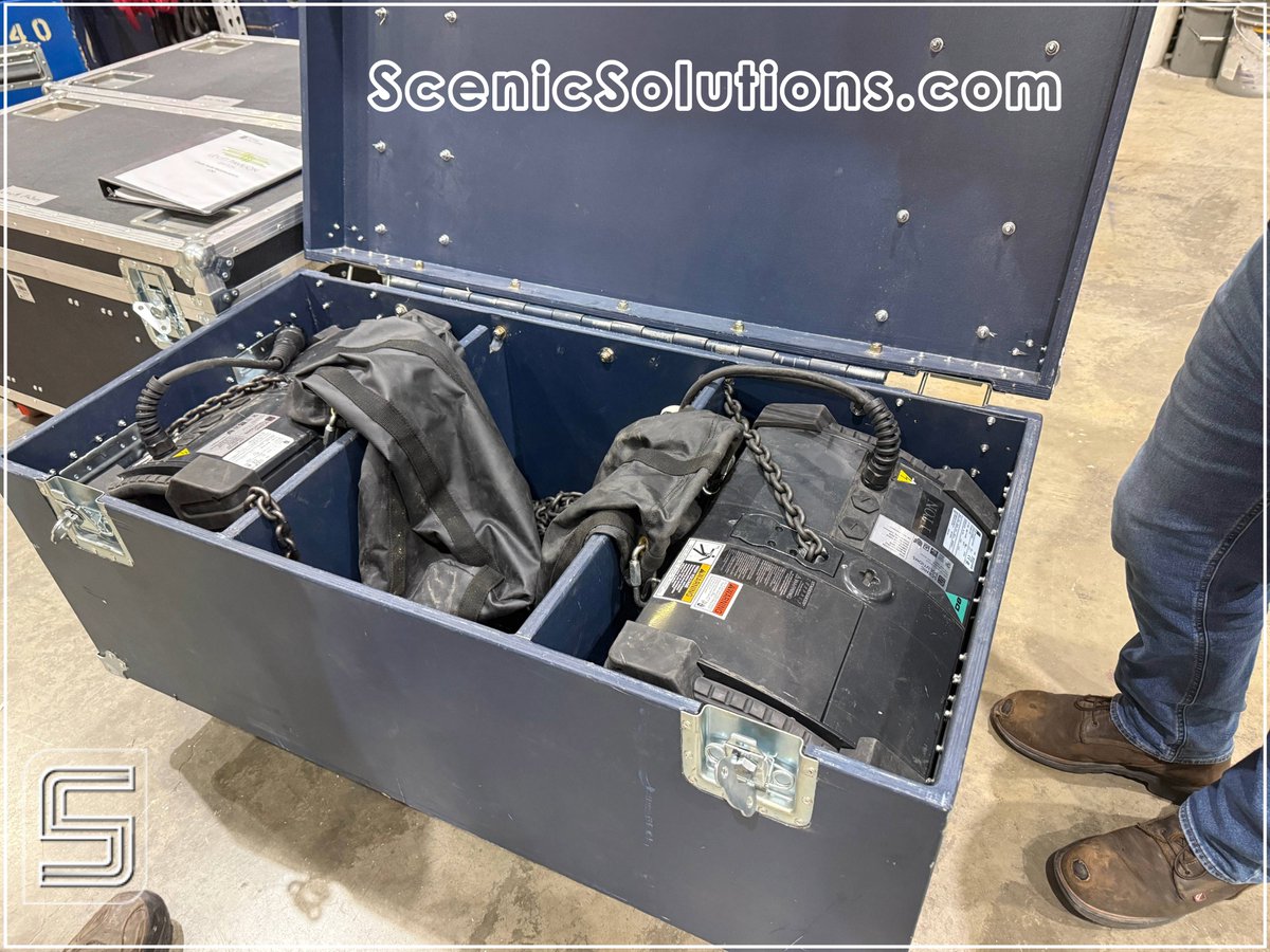 ScenicSolution's tweet photo. A box of chain hoists just returned from an install ready to be prepped for their next adventure. #WorkSmart #WorkSafe https://t.co/b5jmIFcuDJ