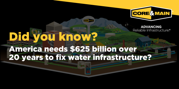 coreandmain's tweet photo. Did you know? America needs $625 billion over 20 years to fix water infrastructure? That’s an investment in safety, health, and resilience for every community. Visit https://t.co/BwntG4eryF #coreandmain #infrastructuresolutions #coremazing https://t.co/1ocobI8web