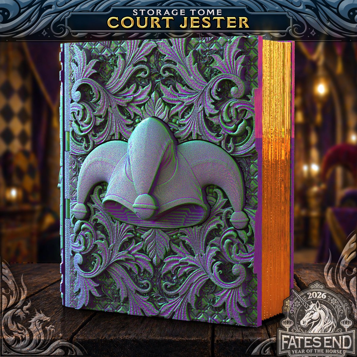 FatesEndGames's tweet photo. Our Jester Tome this month has a little mischief bound in every page! 
#fatesend #jester #harlequin #circus #tome #stl #stlfiles #3dprintable #3dprinting #3dprint #makercommunity #3dmodeling #dnd #mtg https://t.co/DaR7uF9cmA