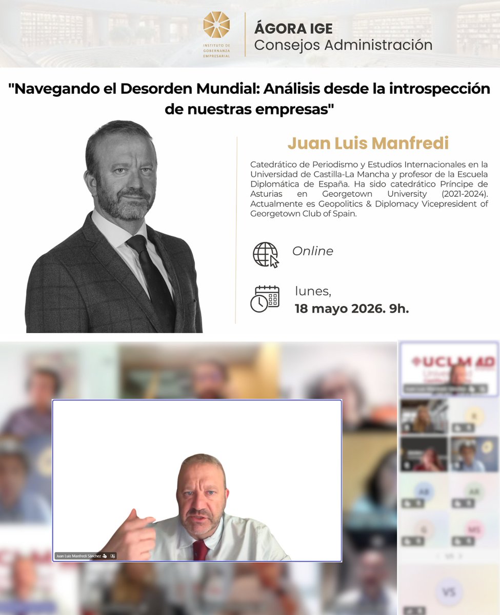 IGobernanzaEmp's tweet photo. ☕️Desde #ÁgoraIGE, hemos compartido una gran conversación junto a Juan Luis Manfredi, alumni de la #AcreditaciónInternacional en #Sevilla y ponente habitual del programa.

Analizamos cómo la geopolítica ha dejado de ser contexto externo para convertirse en un factor estructural. https://t.co/6a5iimkqOr
