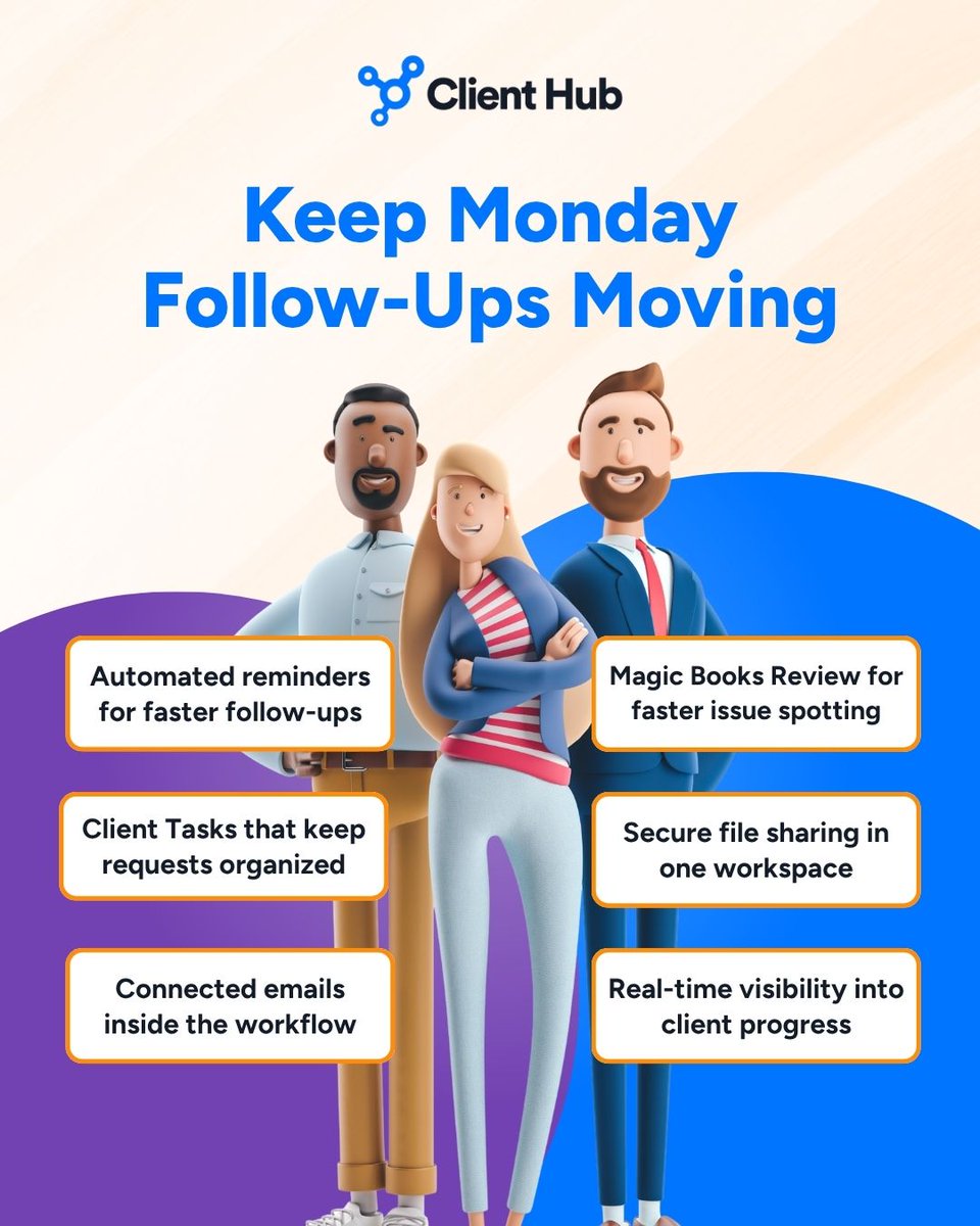 ClientHubApp's tweet photo. We know that Monday follow-ups can pile up fast. 😭 That's why with #ClientHub, accounting firms can keep reminders, Client Tasks, email conversations, and Magic Books Review work connected in one place. Make Mondays feel smoother with Client Hub! 

https://t.co/weUetK8j7d https://t.co/KpuLnKnKyH