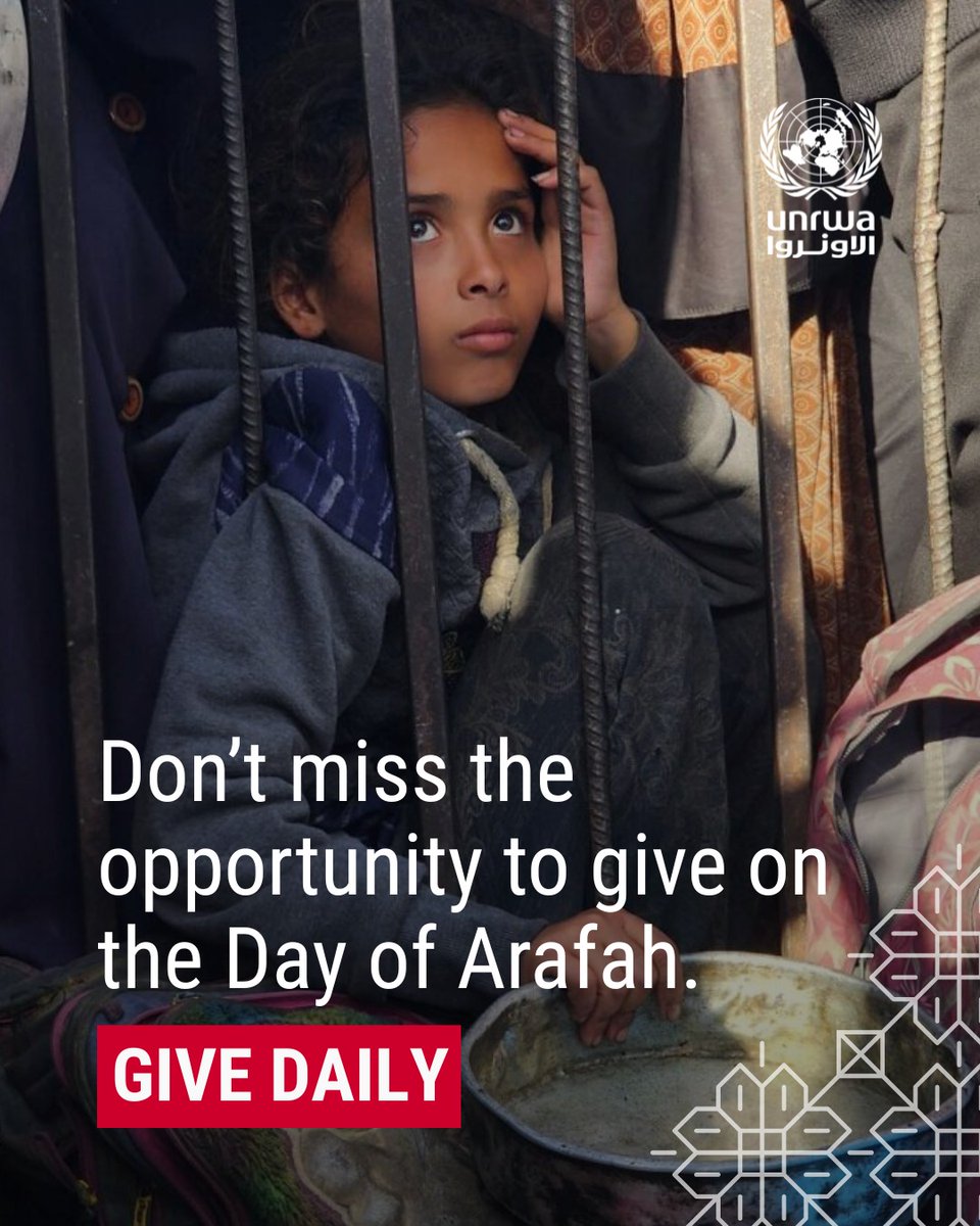 UNRWA's tweet photo. Daily donations can create lasting impact.

By setting up your daily giving through our website, you can support Palestine Refugees throughout the blessed days of Dhul Hijjah , including the Day of Arafah.  

Let your generosity reach those who need it most.  

Give daily : 🔗 https://t.co/HHgZNC60x3