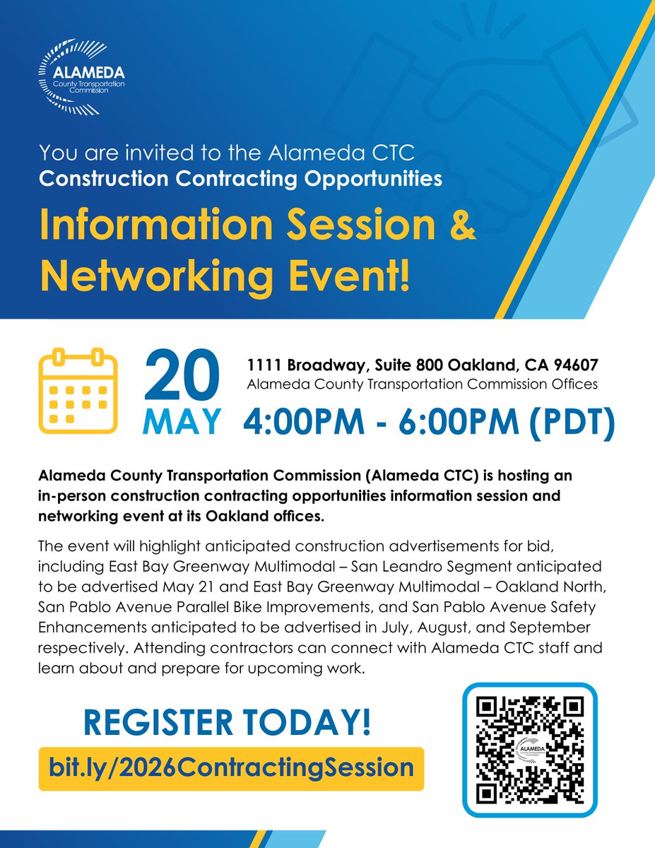 AlamedaCTC's tweet photo. Reminder: Join us on Wednesday for a construction contracting opportunities information session & networking event!

The event will highlight anticipated construction advertisements for bid, including East Bay Greenway Multimodal – San Leandro Segment anticipated to be advertised May 21 and East Bay Greenway Multimodal – Oakland North,  San Pablo Avenue Parallel Bike Improvements, and San Pablo Avenue Safety Enhancements anticipated to be advertised in July, August, and September respectively. Attending contractors can connect with Alameda CTC staff and learn about and prepare for upcoming work.

📅Wednesday, May 20
🕓 4:00–6:00 p.m.
📍 Alameda CTC, 1111 Broadway, Suite 800, Oakland

Register today: https://t.co/vlRHCvkDQd
