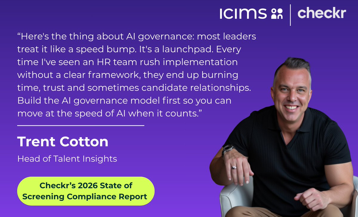 iCIMS's tweet photo. In Checkr’s 2026 State of Screening Compliance Report, our head of talent insights shares why putting an AI governance framework in place early gives teams a stronger foundation to adapt with confidence.

Download the full report from our partner, Checkr: https://t.co/qT1PSptHXH https://t.co/sVnaYyy8mK