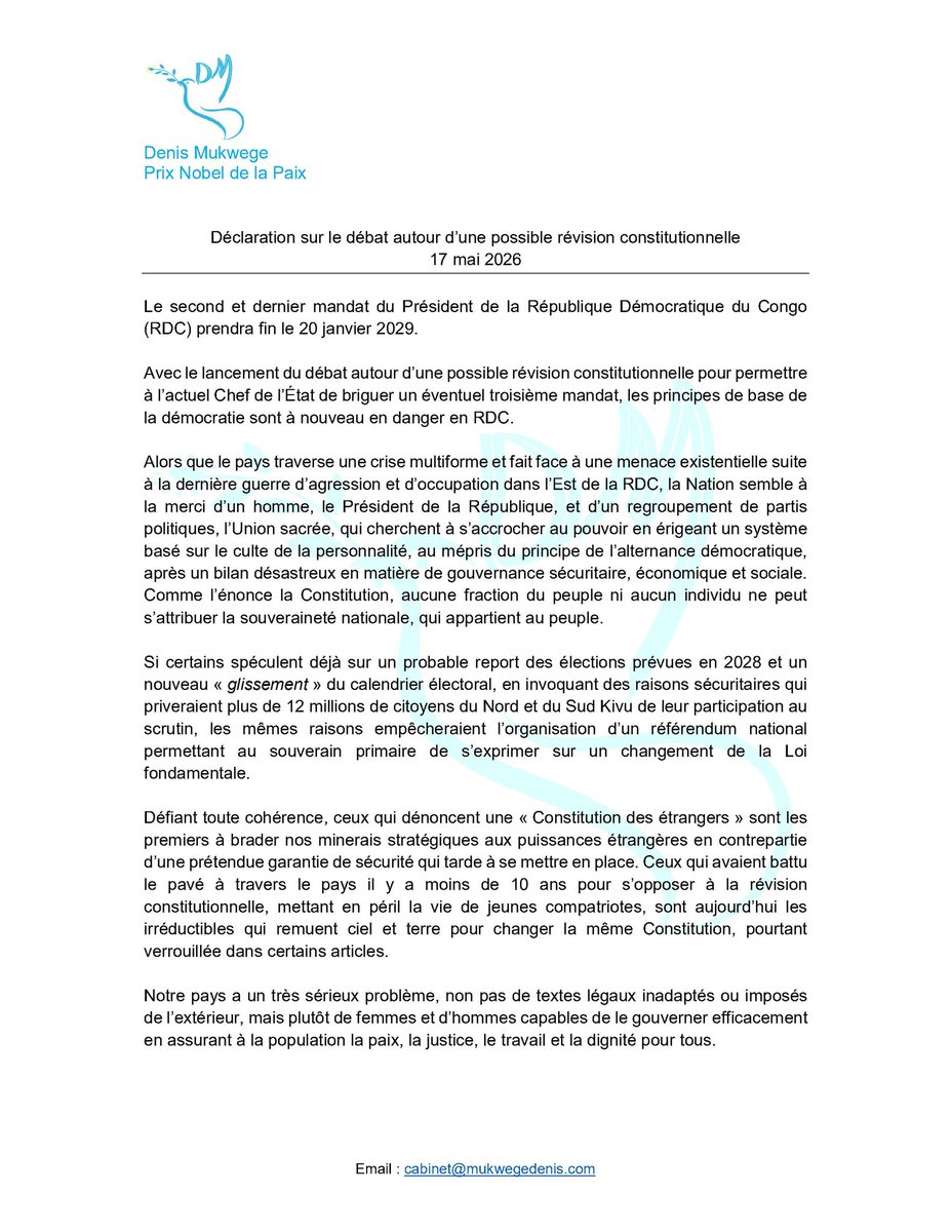 michaelcinto2's tweet photo. #RDC

" Réaffirmons notre volonté commune de bâtir, au cœur de l’Afrique, un Etat de droit et une Nation puissante et prospère, fondée sur une véritable démocratie politique, économique, sociale et culturelle et disons ensemble : Touche pas à ma Constitution ! "  @DenisMukwege https://t.co/RAMIVEkqwm