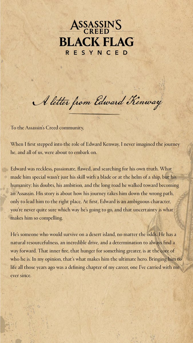 Isu_network's tweet photo. For the first time ever, Matt Ryan has officially suited up as Edward Kenway. 🏴‍☠️

Ubisoft has released new promotional assets featuring the voice behind Edward fully dressed as the legendary Assassin; alongside a personal letter to the community. #AssassinsCreed https://t.co/0NpGtRBhWM