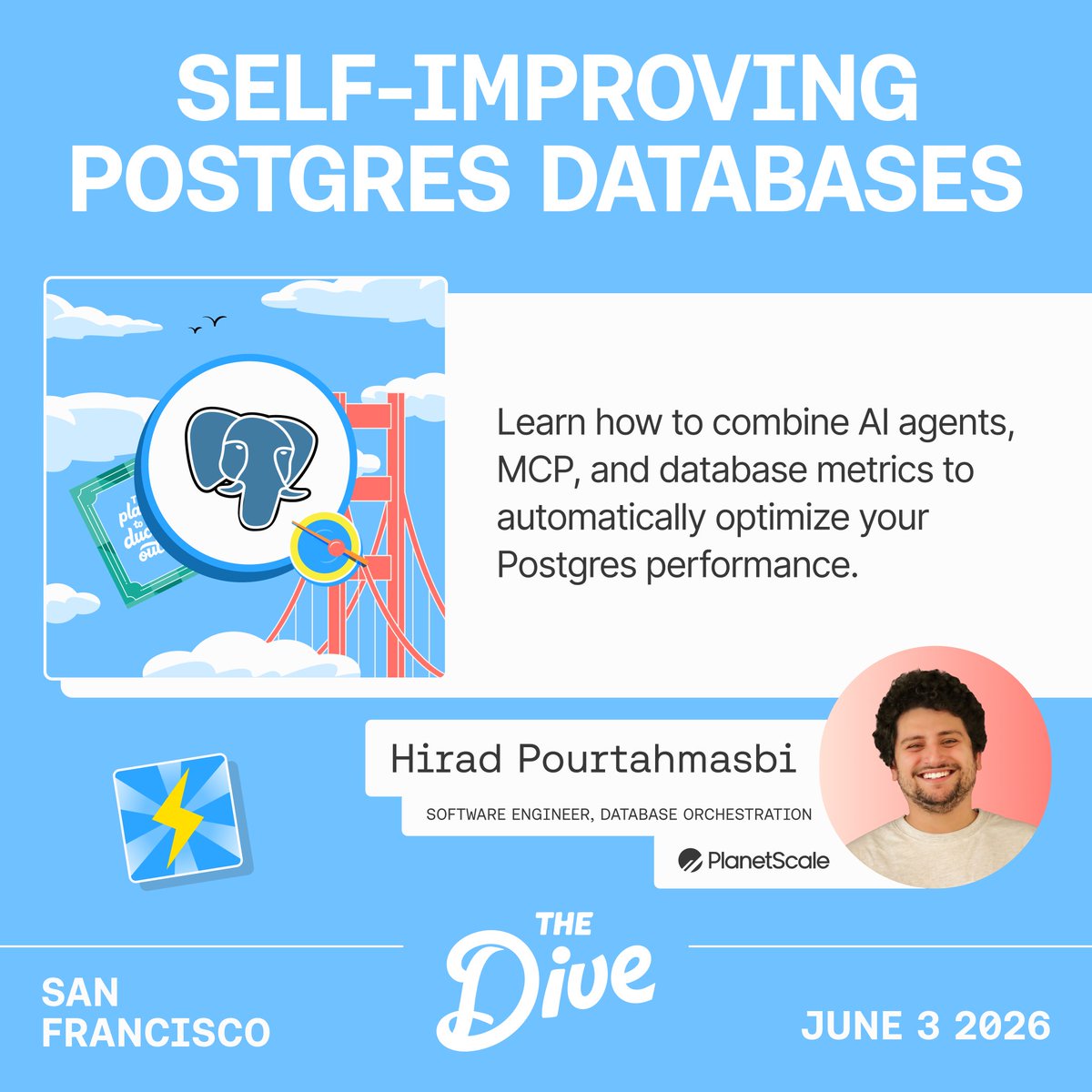 motherduck's tweet photo. Can your Postgres tune itself?

Hirad Pourtahmasbi from PlanetScale is joining us at The Dive in SF to show how AI agents, MCP, and database metrics can be wired together to automatically optimize Postgres performance.

It's part of our Postgres Community Talks & Happy Hour with PlanetScale on June 3. Talks, snacks, libations, and the people building the next generation of Postgres tooling.

🦆 June 3, 3:30–5:00 PM
🦆 Contemporary Jewish Museum, San Francisco
🦆 Free, spots are limited

Register: https://t.co/5nTgK485Lz