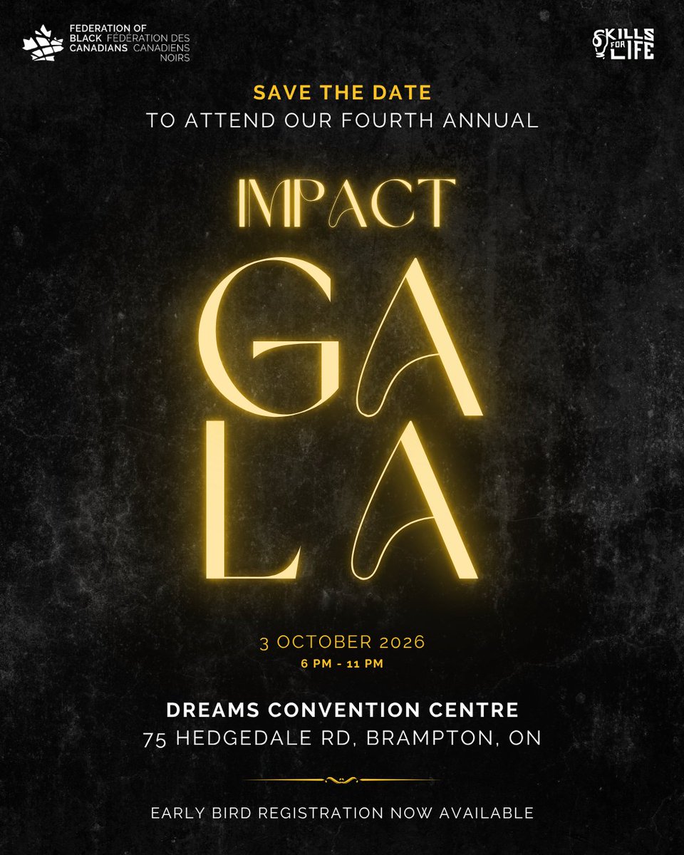 fbcfcn's tweet photo. ✨ Save the date! ✨

The 2026 Impact Gala is officially here. Join us back at Dreams Convention Centre on October 3rd for an unforgettable evening celebrating Black excellence from across Canada.

Early bird registration is now open: https://t.co/W4xfBkHBDS

#ImpactGala2026 https://t.co/NdCe0p7Oza