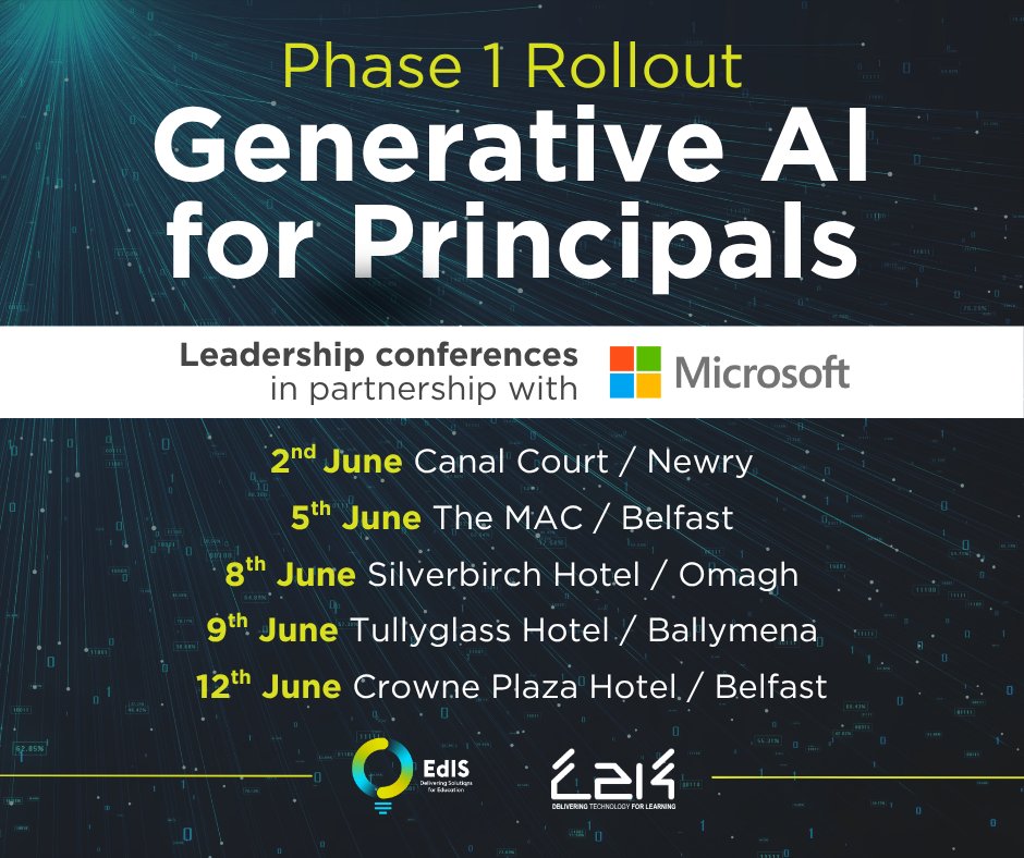 Ed_Authority's tweet photo. Principals should have received an invitation last week for the EdIS/C2k ‘GenAI for Teaching and Learning’ events in partnership with Microsoft.

Next month will see the Phase 1 launch of the Generative AI (GenAI) rollout through a series of Leadership Conferences. These will:
✅ provide insights from the Microsoft Copilot Proof-of-Concept in NI schools
✅ explain strategic context for adopting AI in education
✅ outline safeguarding, training and leadership expectations 
✅ support principals to lead safe, effective and purposeful use of GenAI

Each session will include keynote speakers and use cases from NI educators from 9:30am to 1.00pm followed by optional breakout sessions from 1.45 to 3.00pm.

📍 This is a major step forward in supporting innovation, wellbeing and digital transformation across education. Principals are encouraged to register for ONE event in Newry, Belfast, Omagh or Ballymena and attendance is essential to ensure the allocation of a Microsoft Copilot licence as part of the rollout.

Register now: https://t.co/bgQH2LF0Tj

#EdIS | #Microsoft