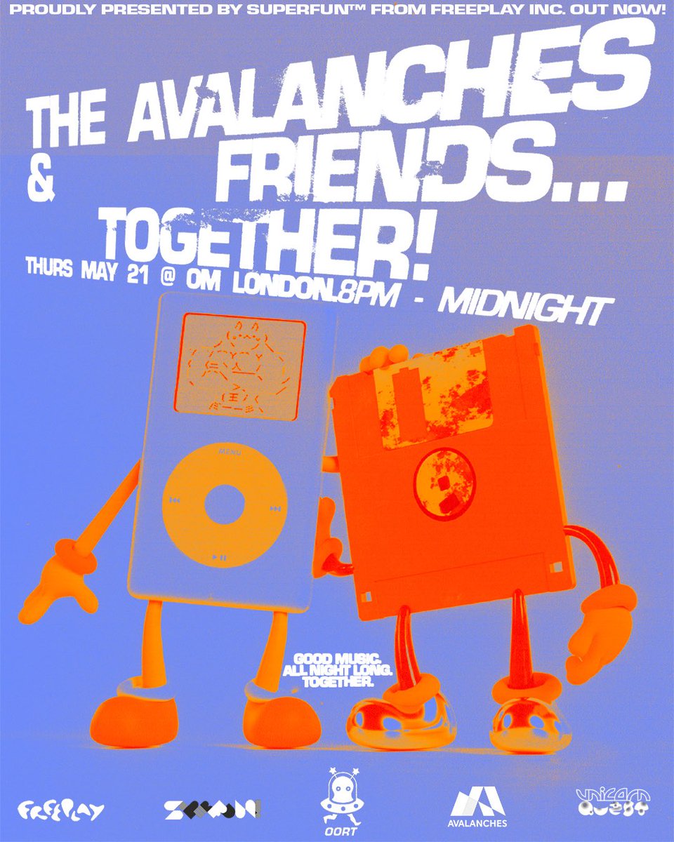 TheAvalanches's tweet photo. London, this Thursday 🫂

Free party at OM to celebrate the release of ‘Together’. Plus very special guests! 👾

Limited spaces, so sign up here: https://t.co/wiHM0ifwxI https://t.co/D1YO0cwt07