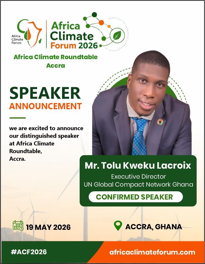 globalcompactgh's tweet photo. 🌍Tomorrow, Mr. Tolu Lacroix, ED of @globalcompactgh, joins the Africa Climate Roundtable –Accra 2026 to discuss climate finance, ESG, just transition partnerships &amp; bankable climate opportunities for Africa

#GCN_Ghana #CorporateSustainability #ClimateAction #ESG #SDGs #Watchout https://t.co/QNg9im80kA