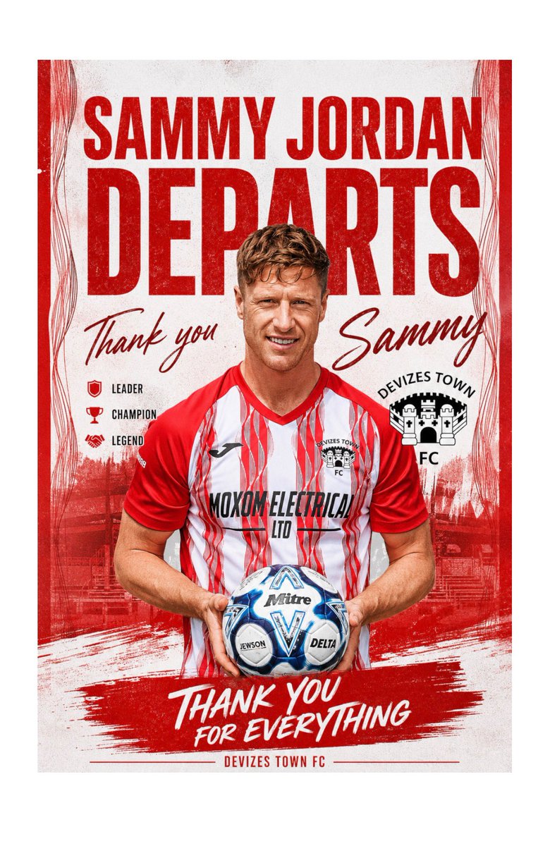 DevizesTownFC's tweet photo. SQUAD UPDATE

We can announce the departure of striker Sam Jordan.

Sammy signed for the club last summer and made a memorable start to his DTFC career scoring on debut away at AEK Boco. 

A proper bloke who brought quality &amp; leadership to the squad.

Thankyou Sammy 🤝

🔴⚪️ https://t.co/ha7fj5ISXu