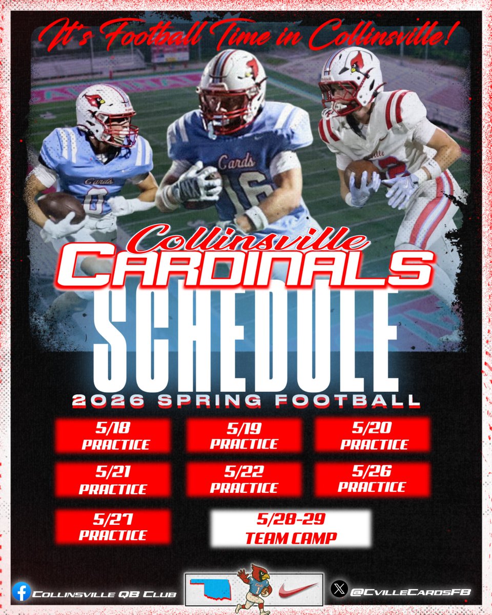 Coach_TDaniels's tweet photo. Today is the day Spring Ball starts @collinsville_fb Check out our schedule - We will be hosting Team Camp on 5/28 and 5/29 #ETC #SpringBall #OKPreps @PrepRedzoneOK https://t.co/w8dYzLHLIy