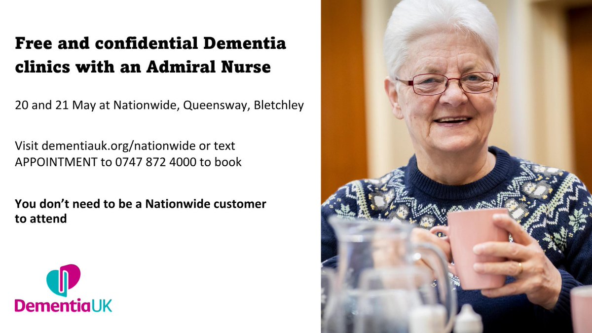 mkcouncil's tweet photo. Have you heard that @AskNationwide in partnership with @DementiaUK are hosting free clinics with an Admiral Nurse for people affected by Dementia at their Queensway Bletchley branch on 20 and 21 May? Book here: https://t.co/lD9xzsl25q https://t.co/mxYfxaXiiz