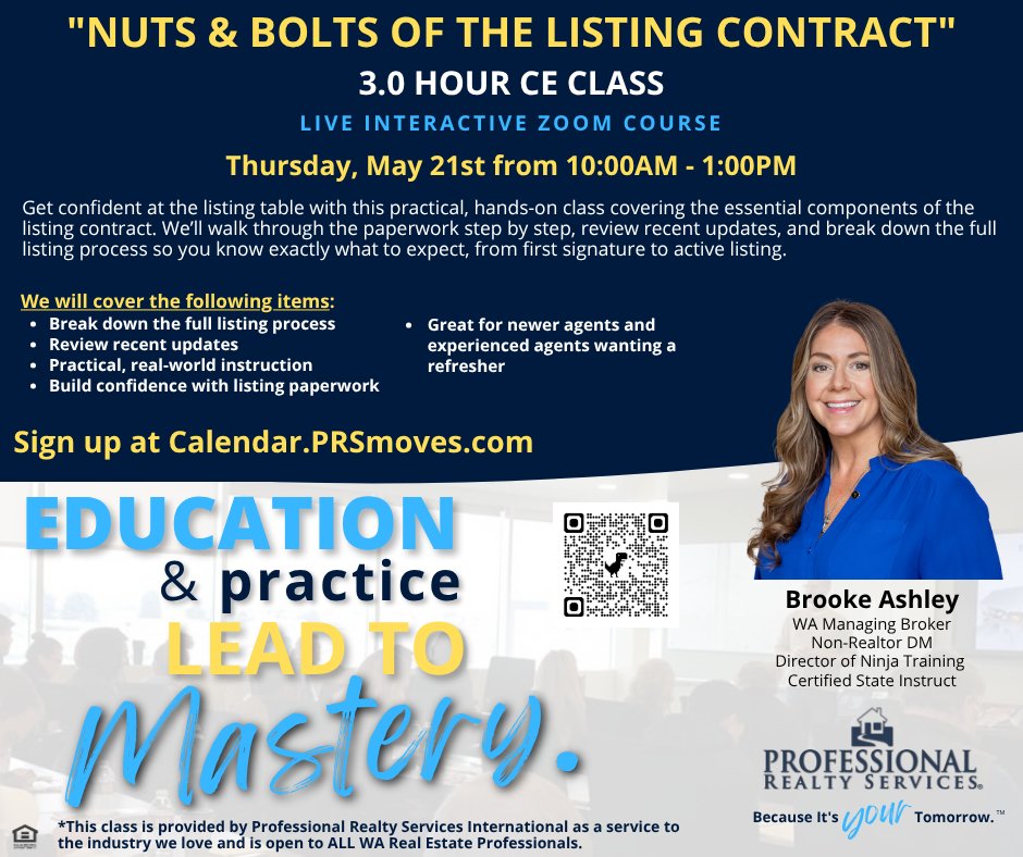 PRSrealty's tweet photo. 🚨 WA Realtors: Join us THIS THURSDAY 👇

🏡 Nuts &amp; Bolts of the Listing Contract
🎓 3 CE Credits
💻 Live Zoom Course
👉 https://t.co/F60HBRBjn8

#WARealtors #RealEstateCE #ListingContracts #PRSeducation #FreeCE https://t.co/ycaI30ADnD