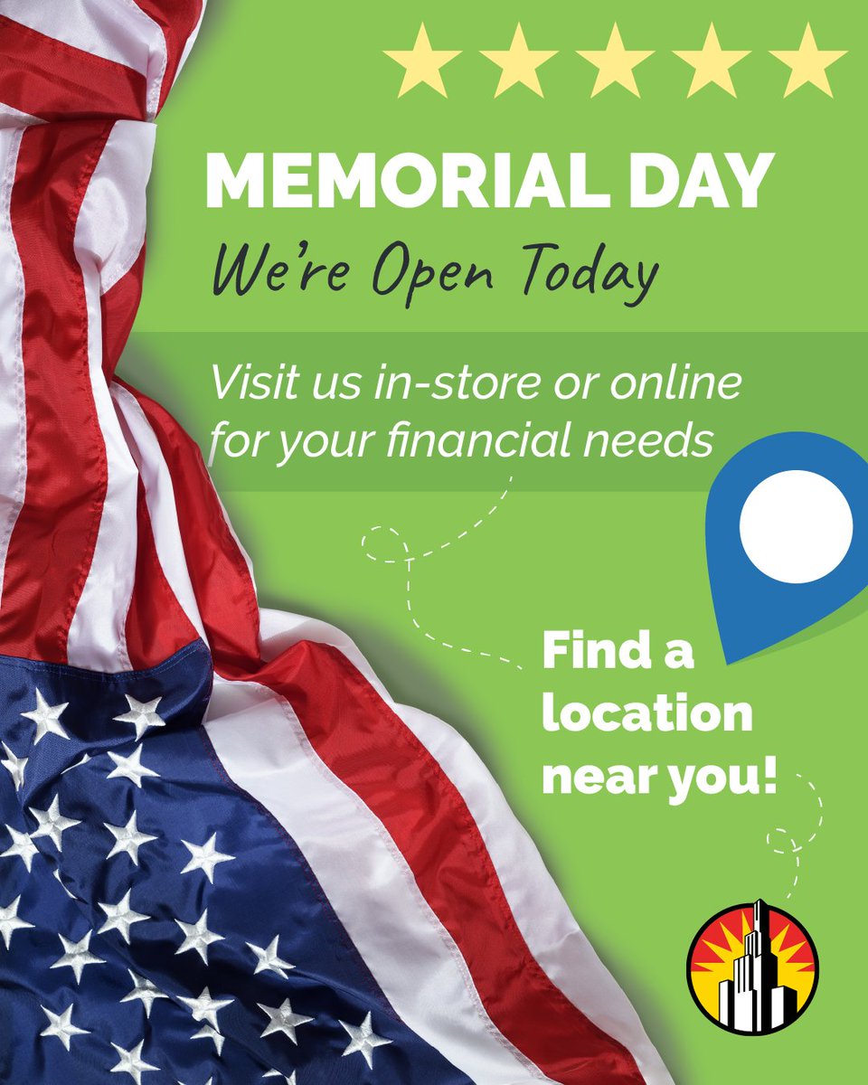 CheckCity's tweet photo. Check City is open on Memorial Day to help with your financial needs. Visit a store near you or go online anytime. Availability may vary by location. Link: https://t.co/C2gHZe9L3Y #CheckCity #MemorialDay https://t.co/rHcO5QUTvY