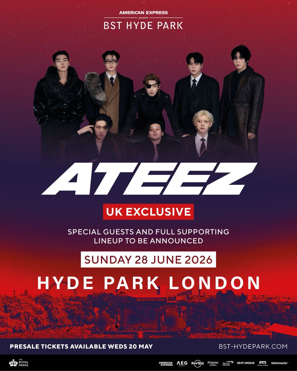 DavideKpop's tweet photo. 🏴‍☠️ ATINY, history is in the making! 🏴‍☠️
@ATEEZofficial are coming to London to headline @BSTHydePark on 28 June for their 2026 UK exclusive performance! 🖤
Presales start this week, with general sale opening 29 May at 10am.
👉 https://t.co/6Om2qqwWWd

#ATEEZ #ATINY #ATEEZxBST https://t.co/gODO0gtqPB
