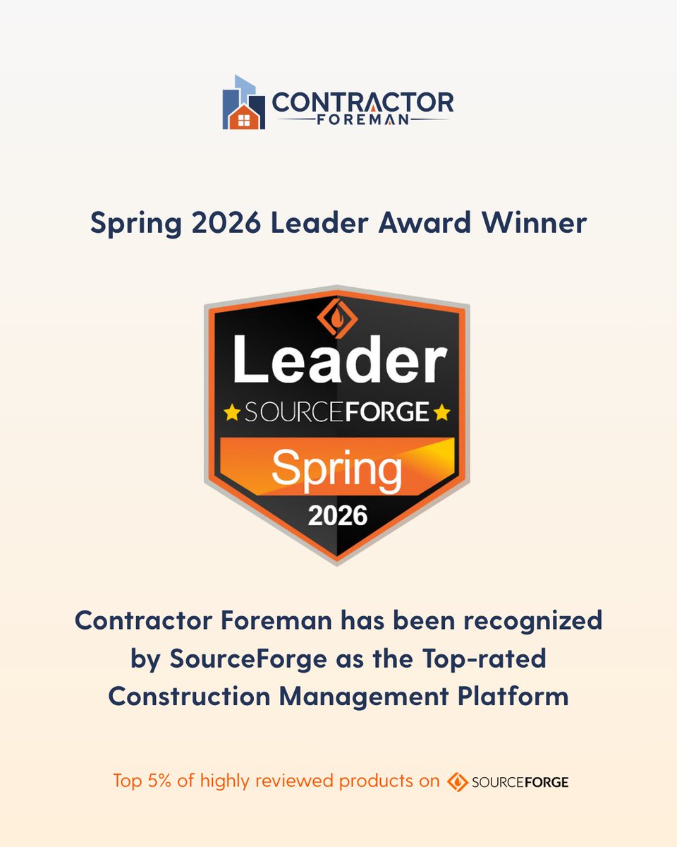 ContractorApps's tweet photo. Contractor Foreman has just been recognized as a Spring 2026 category leader by SourceForge. 

The SourceForge Spring 2026 category leader is only awarded to select products that have attained the highest levels of praise from user reviews on SourceForge. https://t.co/FO5F17IYtF