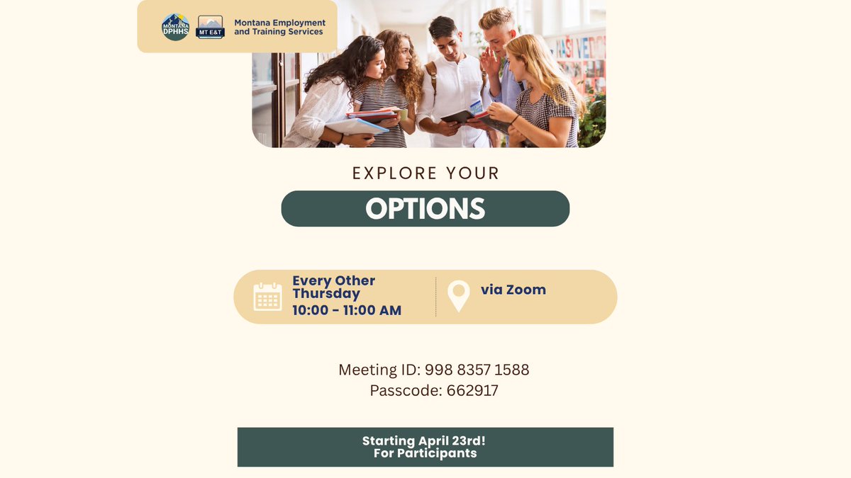 _MTET's tweet photo. 🌟 Ready to plan your future? Discover training programs &amp; career opportunities in our Explore Your Options session!
🗓️ Thurs (biweekly) ⏰ 10–11 AM
💻 Zoom | ID: 998 8357 1588 | Passcode: 662917
#ExploreYourFuture #MontanaCareers #NextSteps 💡 https://t.co/2m2EabWFos