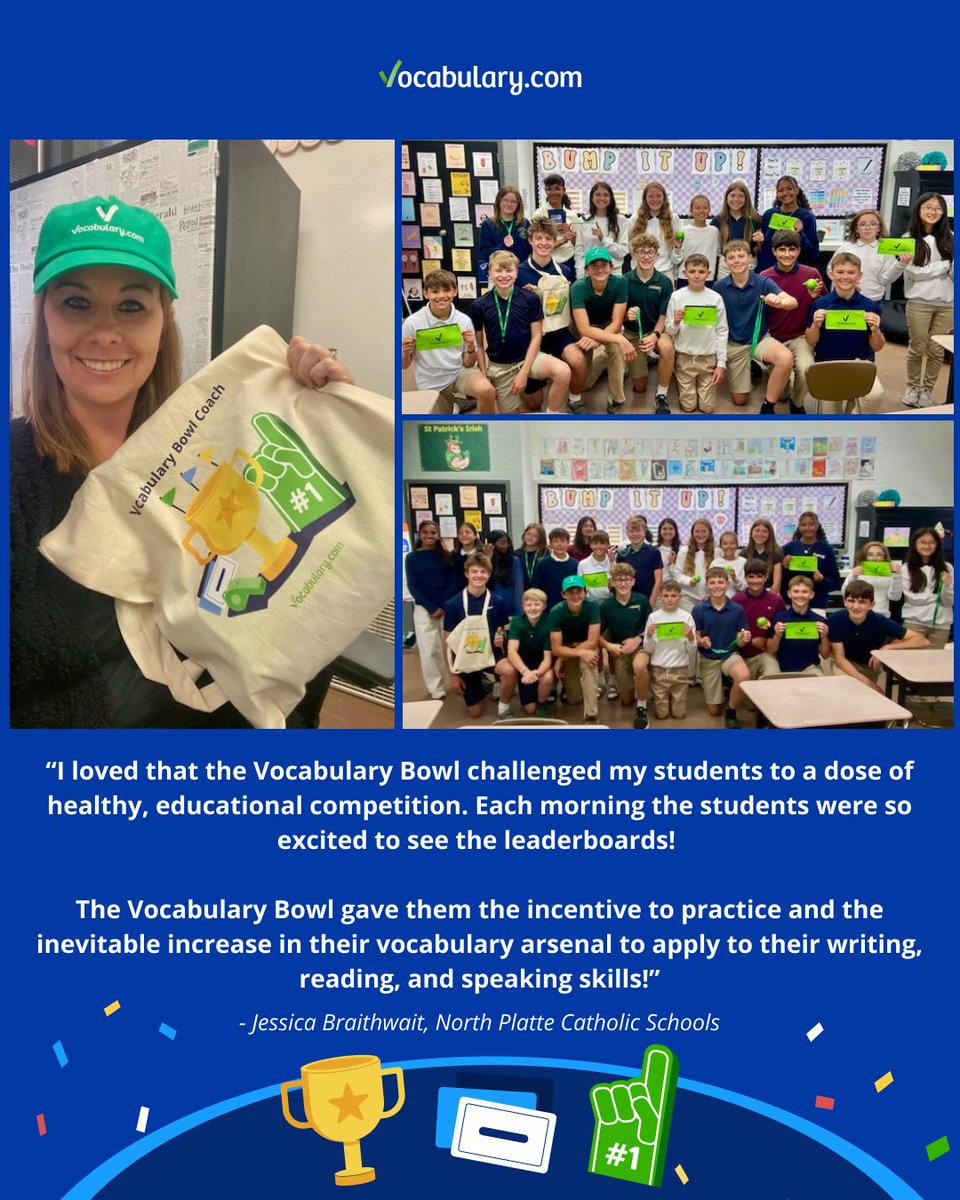 VocabularyCom's tweet photo. What a debut season for North Platte Catholic Schools! They earned Top Rookie School and Jessica Braithwait took home the title of Top Nebraska MS/ES Teacher. Congratulations on an incredible Vocabulary Bowl season! https://t.co/bt69ckwumg