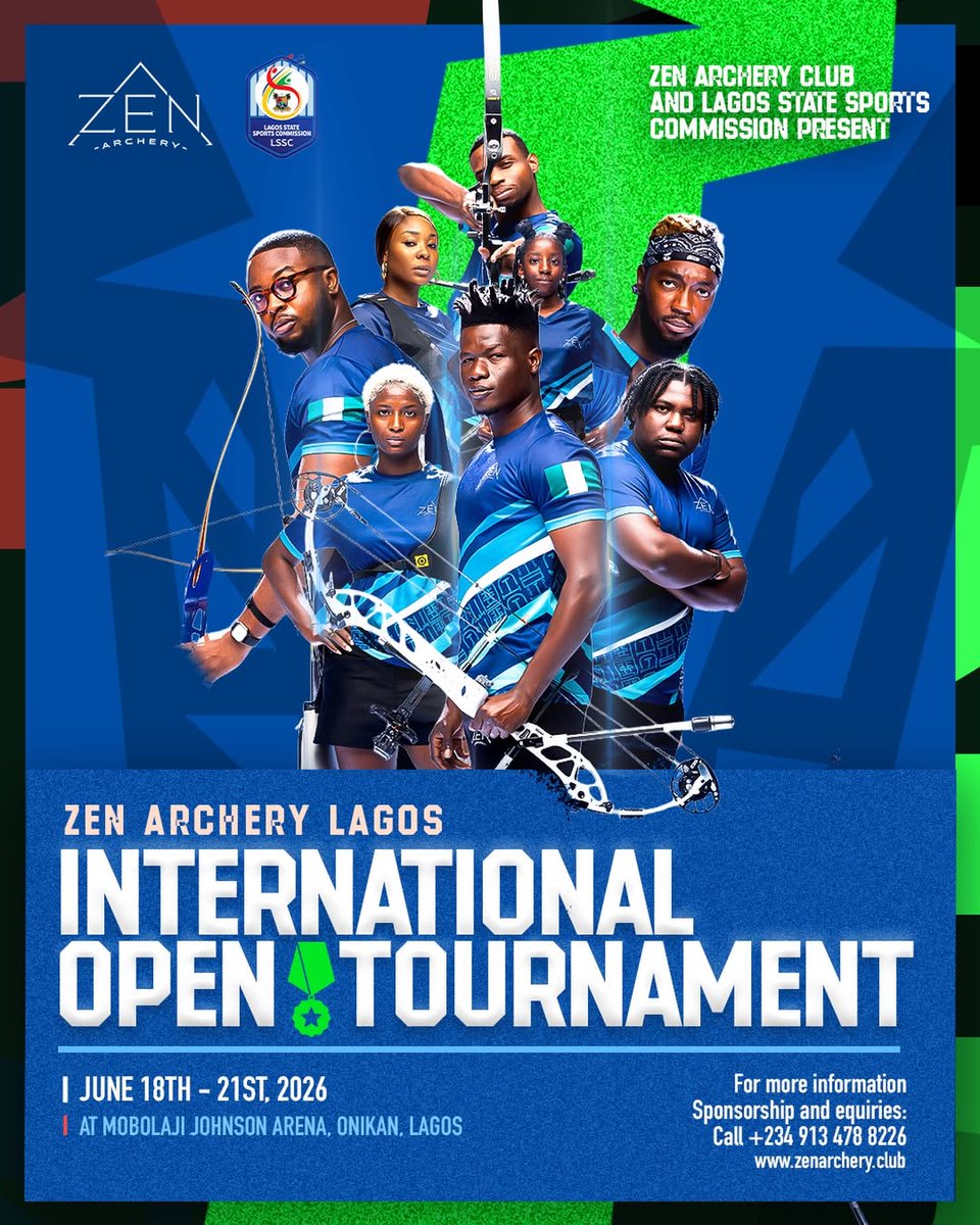 incrediblelagos's tweet photo. The biggest archery tournament in Nigeria is back .

The Zen Archery Club International Open Tournament 2026 returns to Lagos for days of precision, focus, and elite competition.

Watch top archers aim, compete, and make their mark.

🗓 June 18 – 21, 2026
📍 Mobolaji Johnson Arena, Onikan, Lagos
#Archery #ZenArcheryClub #Lagos #IncredibleLagos